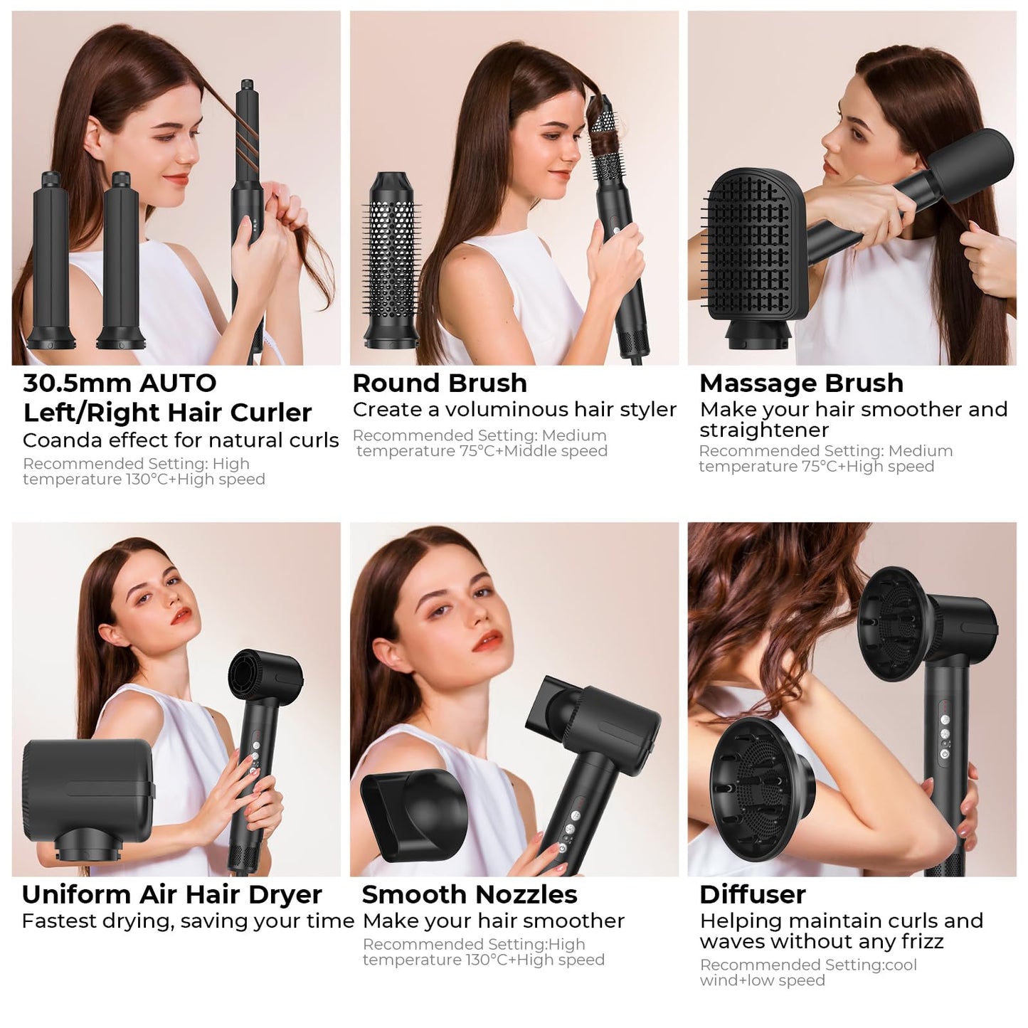Airstyler 7 in 1, UKLISS 1400w Hair Styler Hot Air Brush, 30mm Air Curler, 3 Temperature Settings Hair Styler, Ion Blow Dryer Brush Set, for drying, curling, straightening hair.