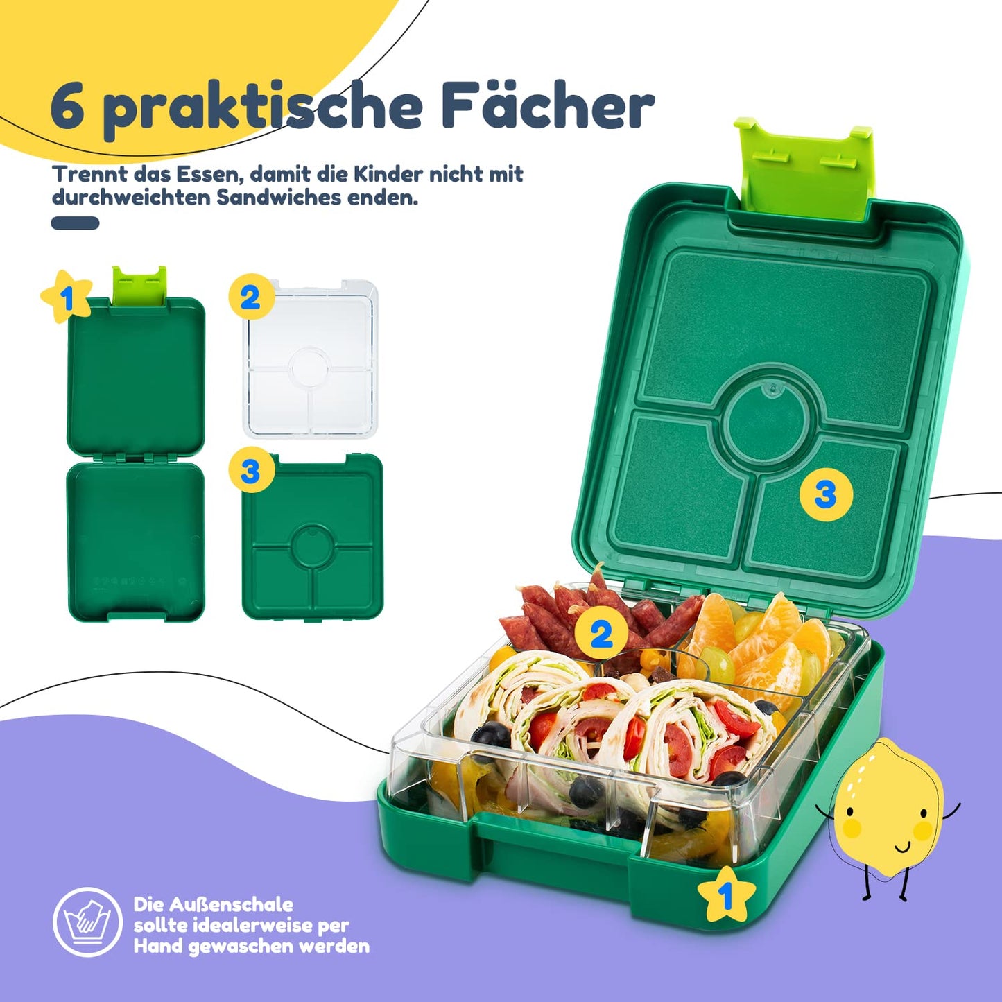 smackfatz Easy Bento Lunchbox for Kids, BPA-free, lunchbox with 4 compartments, easy to open and clean, great for school, sports, and kindergarten (Green)