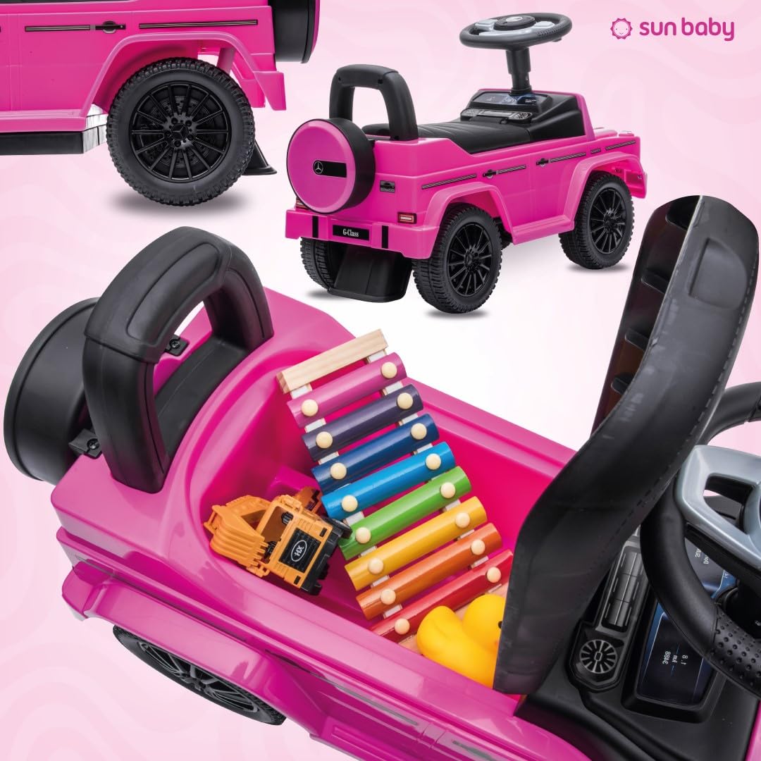 Slide car for 1 year old, Mercedes in red, blue, white, black, kids car, baby car, walker with horn and engine sounds (Pink)