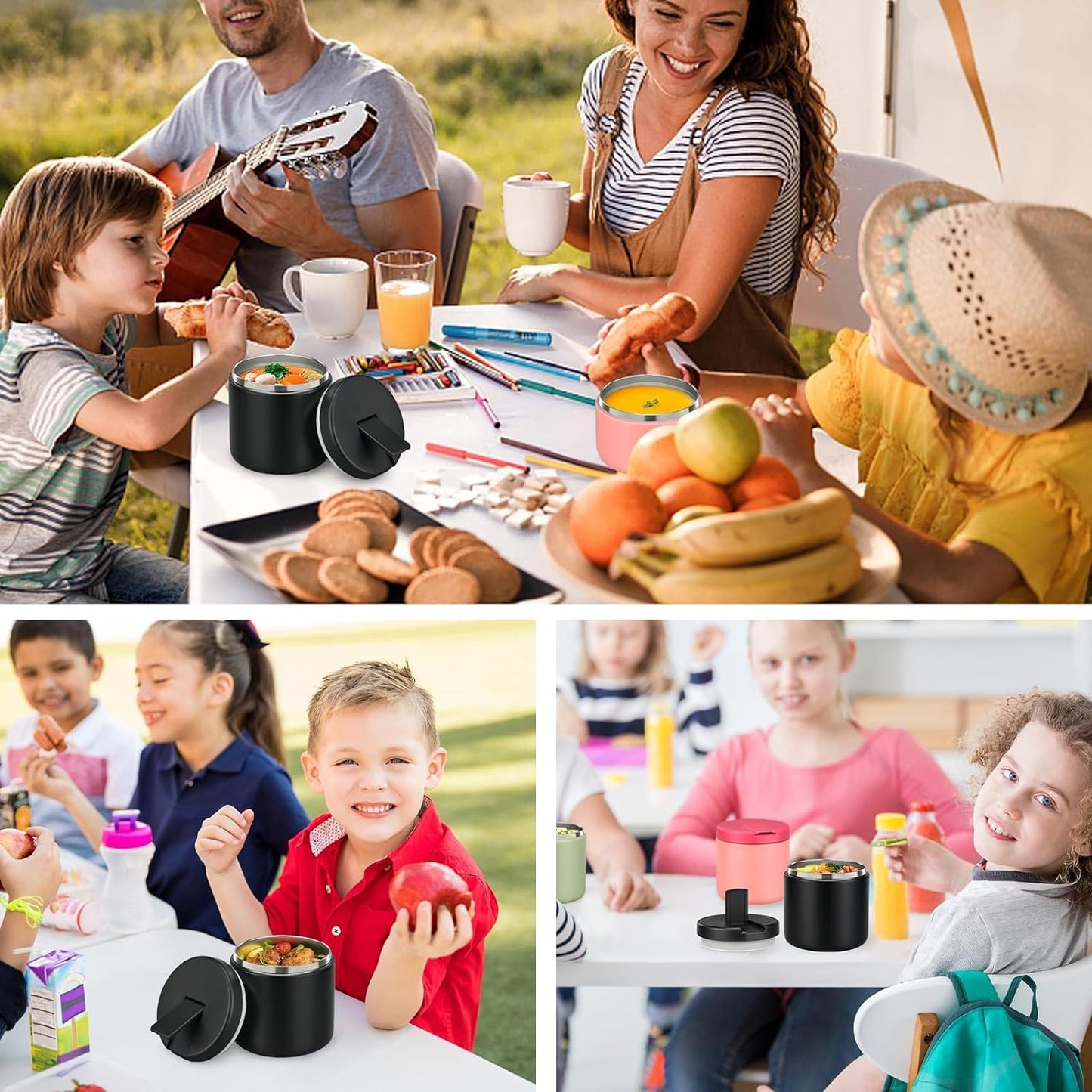 Itslife 560ml stainless steel insulated food jar with buckle cover, wide mouth design, suitable for cold & hot food, leak-proof lunch container for kids, in black.