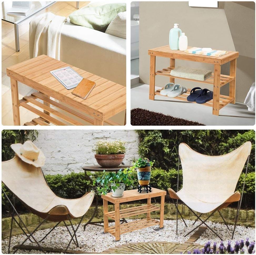 Hossejoy Bamboo Shoe Cabinet Bench Shoe Rack Shoe Bench Bathroom Shelf Bamboo Shelf 3 Shelves - 70 x 45 x 28 cm (WxHxD)