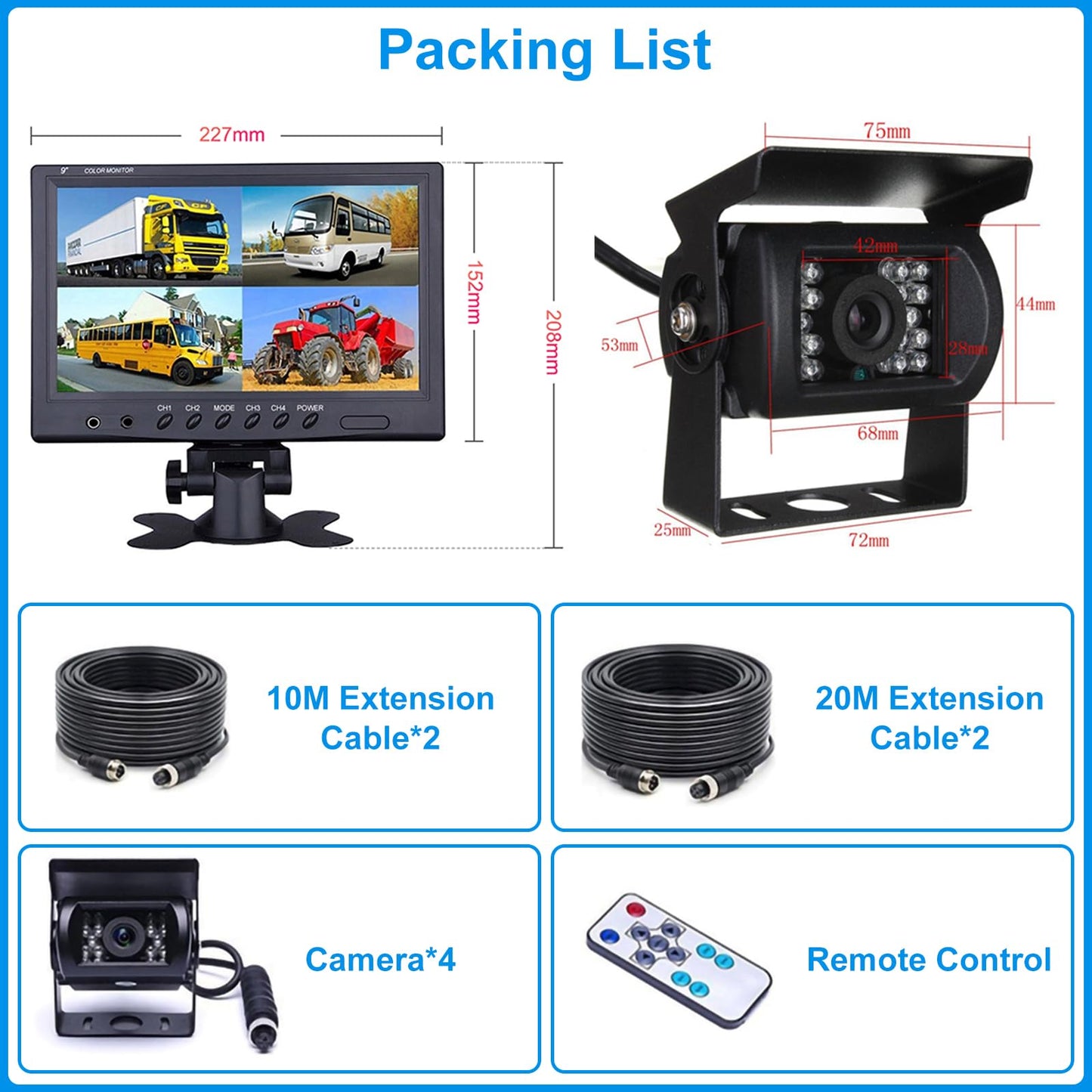 9 inch rear view camera set monitor with 4 pin cable, 4 waterproof night vision mirror cameras for trucks, RVs, trailers, caravans, and agriculture. 12V/24V/35V rearview camera cable for parking assistance.