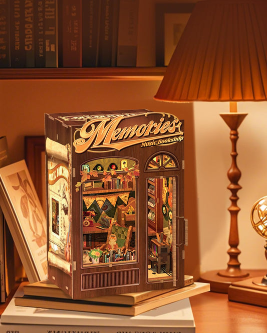 CUTEBEE Book Nook Kit - DIY dollhouse miniature house build yourself bookend library bookshelf decoration 3D wooden puzzle bookends book lover gifts for adults (Memories Music Bookshop)