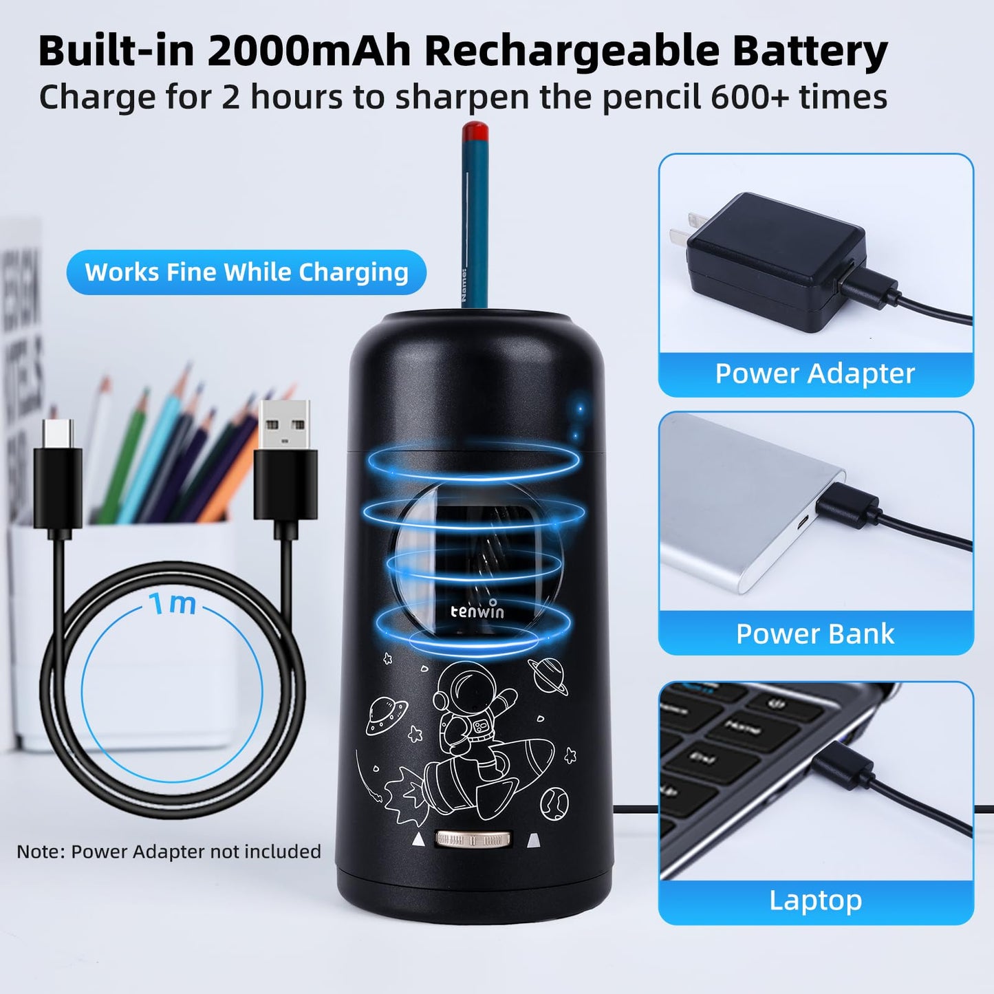 Tenwin Fully Automatic Electric Pencil Sharpener, rechargeable pencil sharpener with container for colored pencils from 7-11.5 mm, portable and safe for home, office, school (Black)
