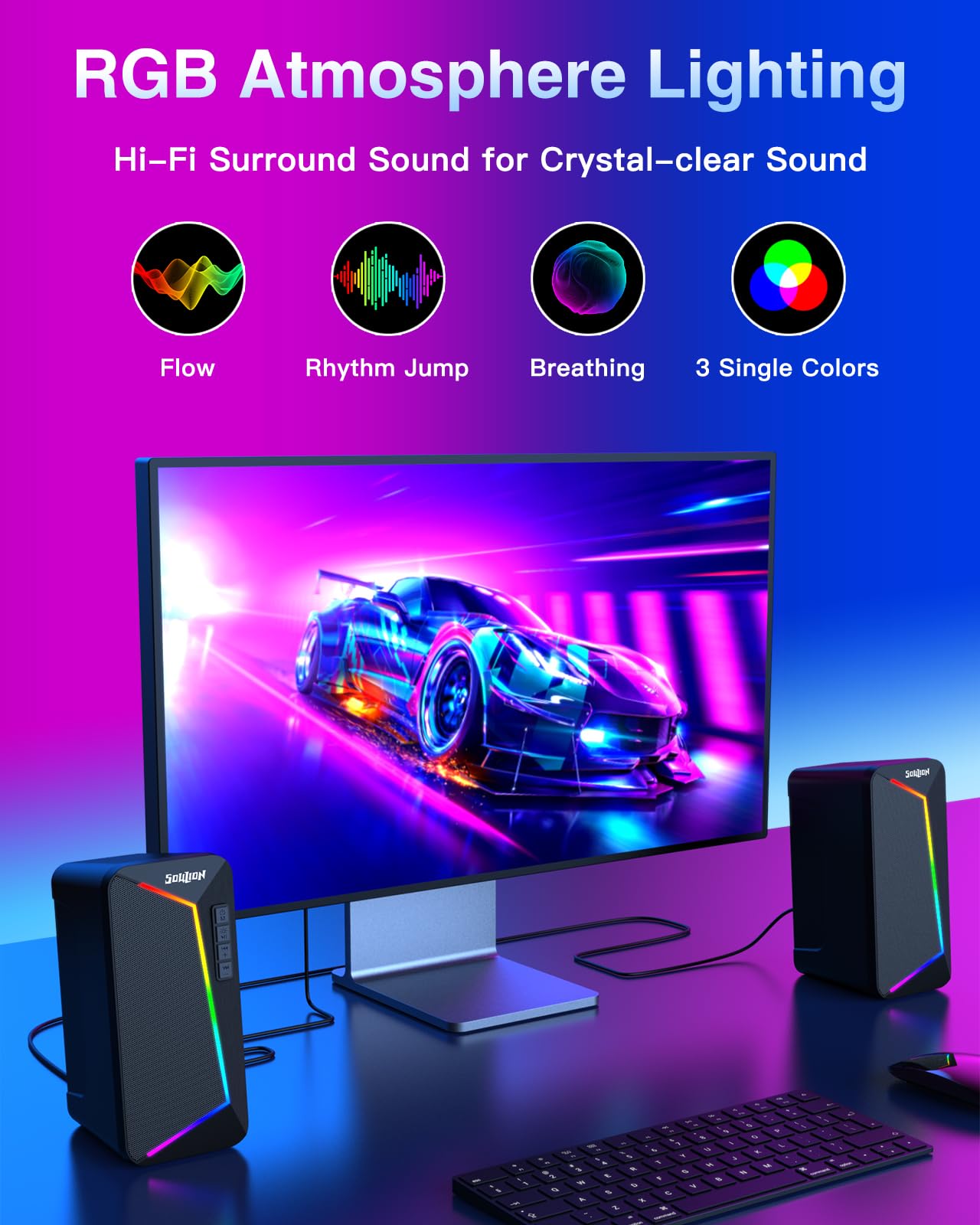 SOULION R40 Computer Speakers, 2.0 USB-powered, Lighting for PC with volume control button, Bluetooth 5.3, Surround Sound for Laptop, Tablets, Smartphone
