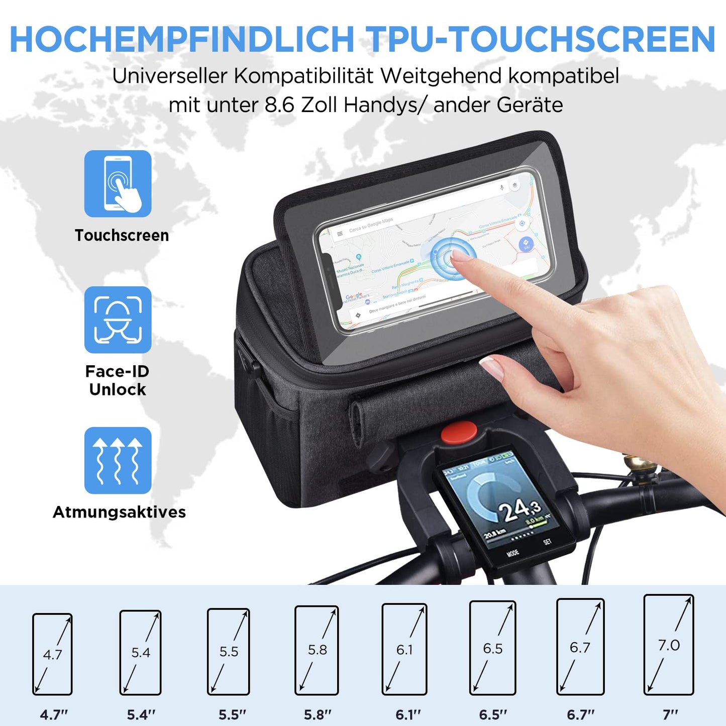 LEMEGO bike bag designed for e-bikes and bicycles, 5.3L capacity, waterproof handlebar basket with adapter. Features adjustable touchscreen phone holder and detachable shoulder strap.