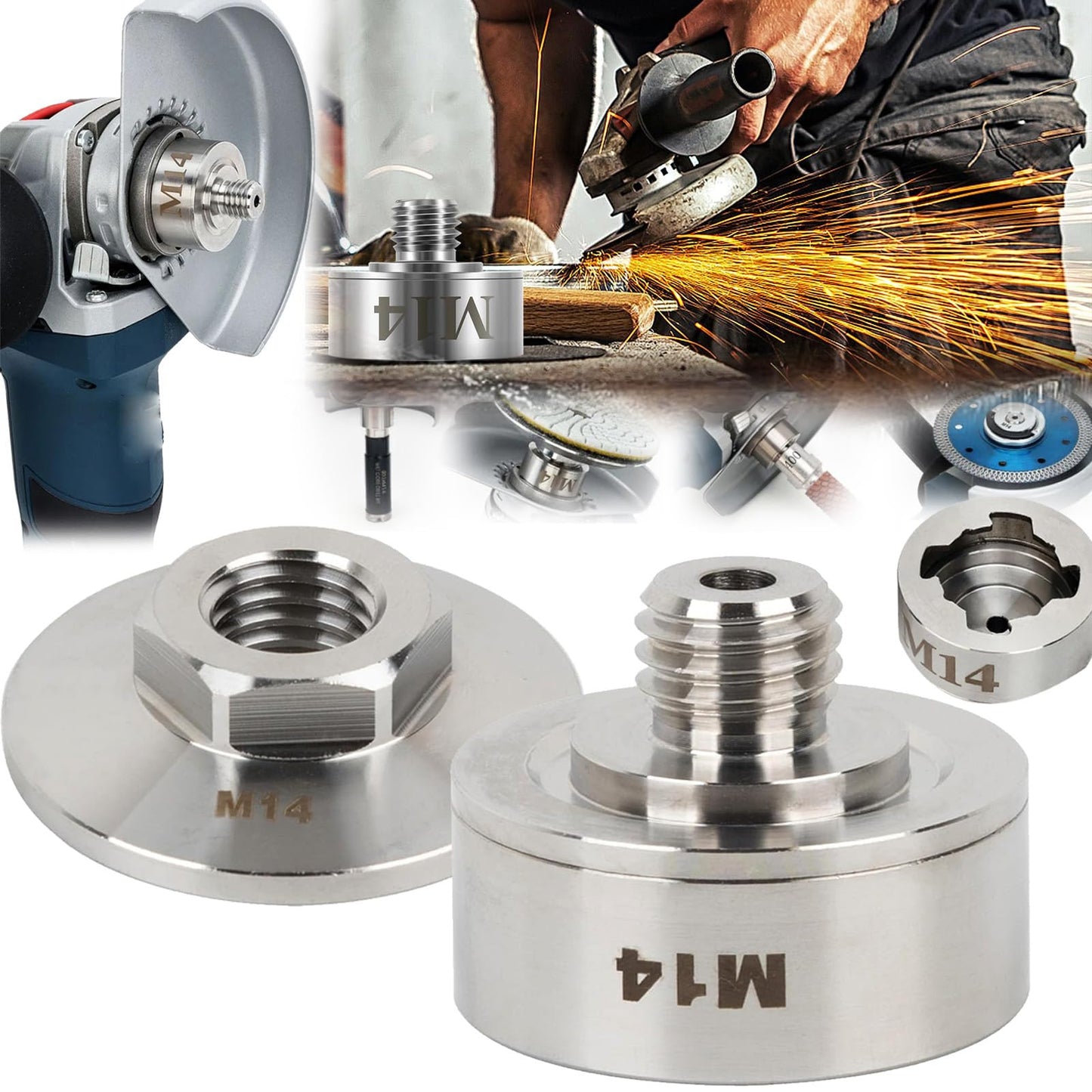 Angle grinder accessory, M14 X-LOCK adapter with M14 locking nut for attaching to M14 thread. Suitable for angle grinder cutting blade diamond bit stainless steel adapter + M14 flange locking nut.