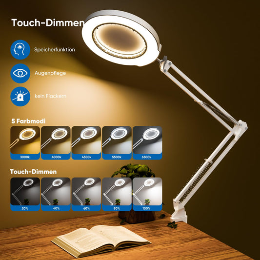 Mandland 2pcs 10X Magnifying Glass with Light and Clamp, illuminated magnifier made of real glass with 5 colors & stepless dimming, hands-free desk lamp for hobbies, crafts, reading, and close work (White)