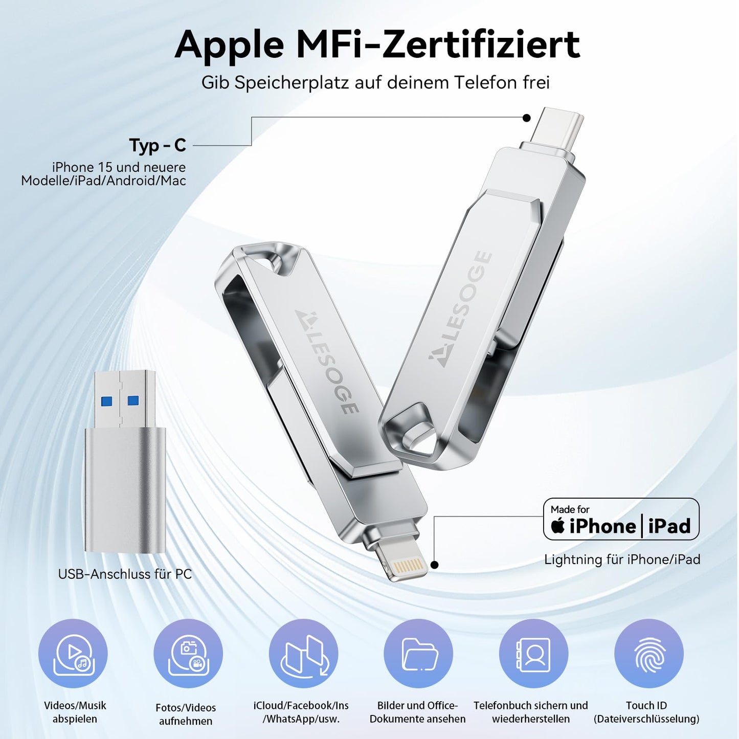 LESOGE MFi-Certified 128GB USB C Stick, Mini USB Stick for Saving Photos on Phones, 3 in 1 USB C and 3.0 Stick, External Storage for Photos and Videos, Photo Stick for iPhone/iPad/Android/PC/Mac (Silver)