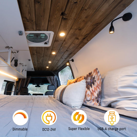 2 x LED Reading Lamp 12V RV Dimmable Flexible Gooseneck Wall Lamp Spot Eye-Care Bed Light Wall Mounted for Boat Caravan Camper Yacht, Built-in USB and Dimmer Switch Black