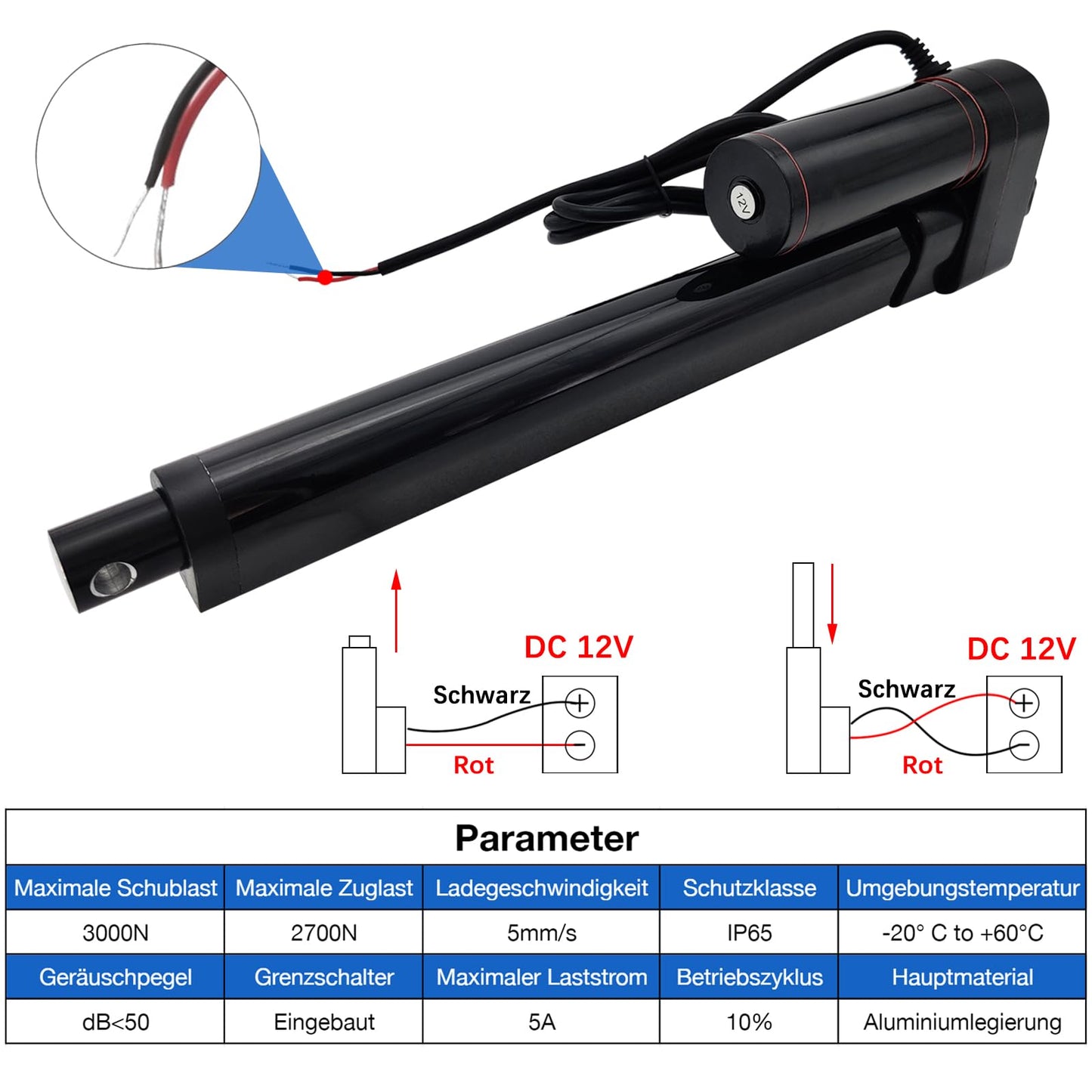 Jvnvlki 3000N 100mm Stroke IP65 Waterproof Linear Actuator 12V Linear Motor 5mm/s With Mounting Brackets for Cabinet, Window Opener, Door Opener, Home Automation