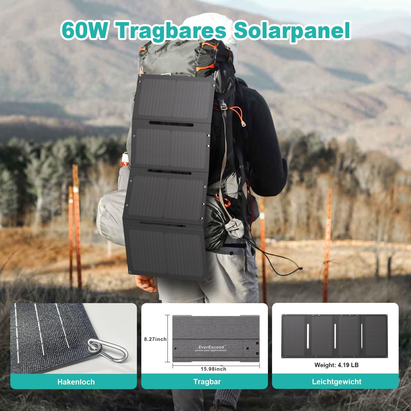 Foldable 60W Solar Panel with USB-A, USB-C, and DC outputs - Solar Charger for Power Station, Phone, Laptop - Portable for RV, Camping, Hiking, Travel, Adventure