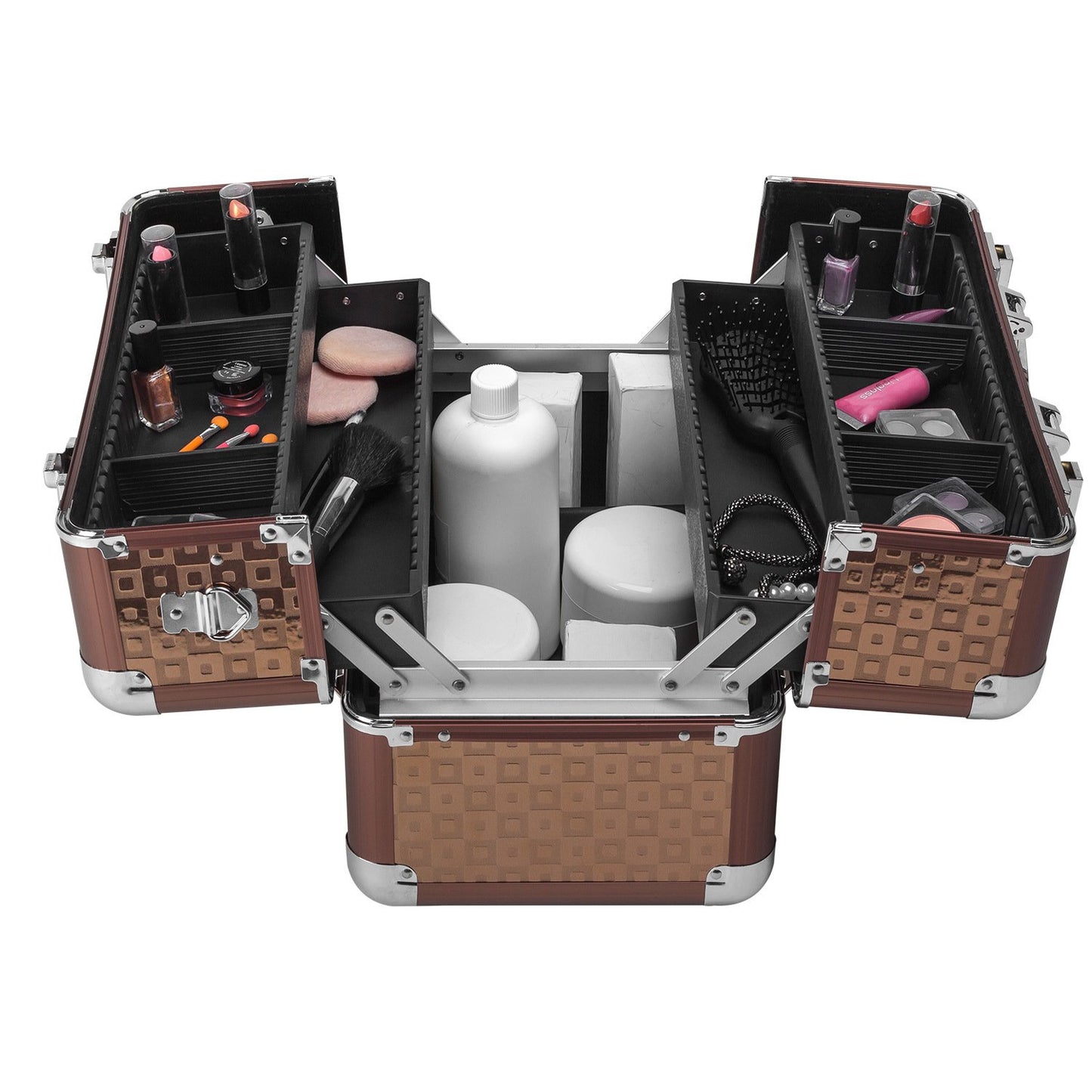 Anndora beauty case cosmetic bag - sturdy makeup case, tool case, aluminum makeup case with compartments - ideal for travel and professional use, lockable, brown
