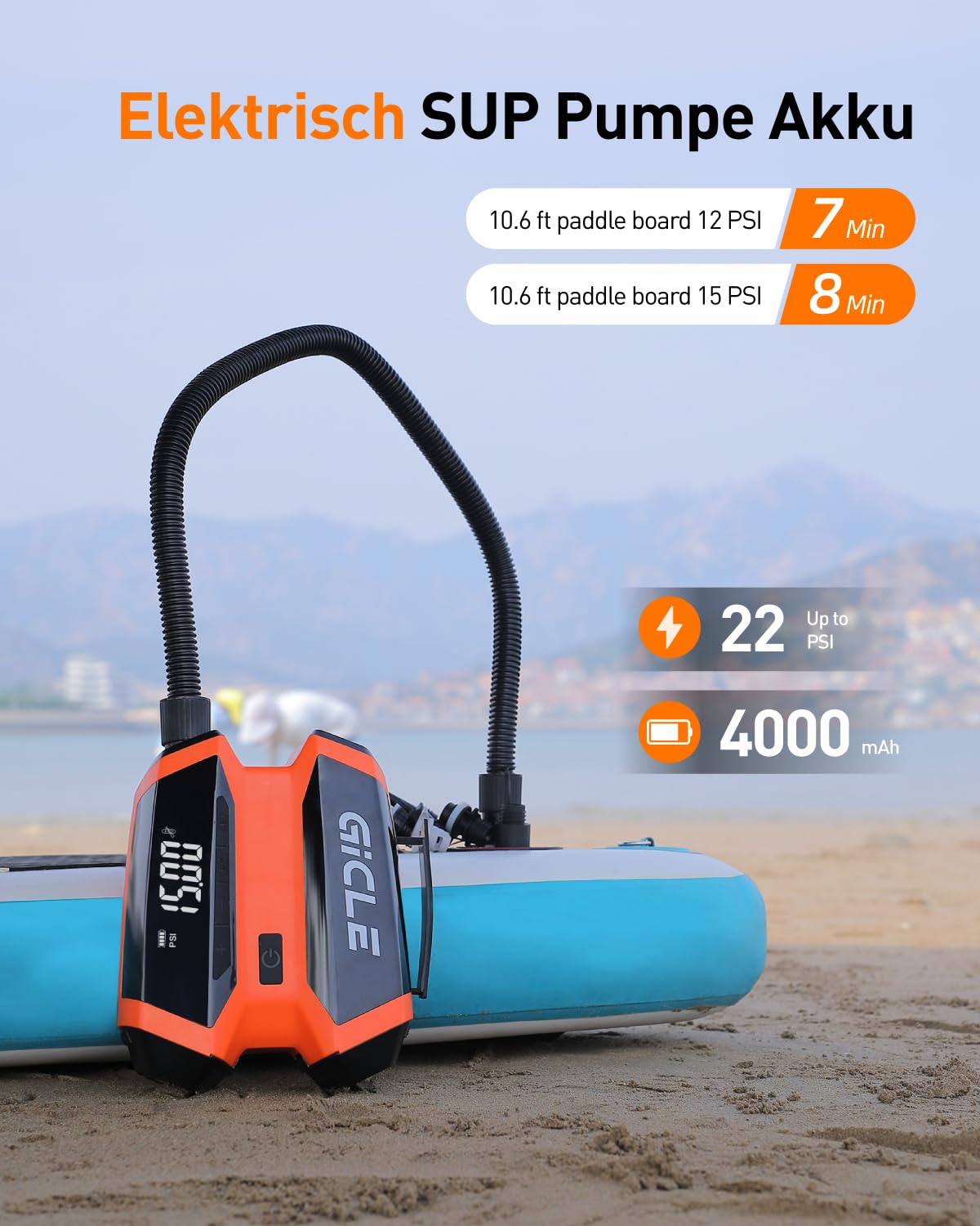 GICLE rechargeable electric SUP pump with portable power bank, 22 PSI high pressure battery paddle board pump for inflatable paddleboard, boat, tent, kayak.