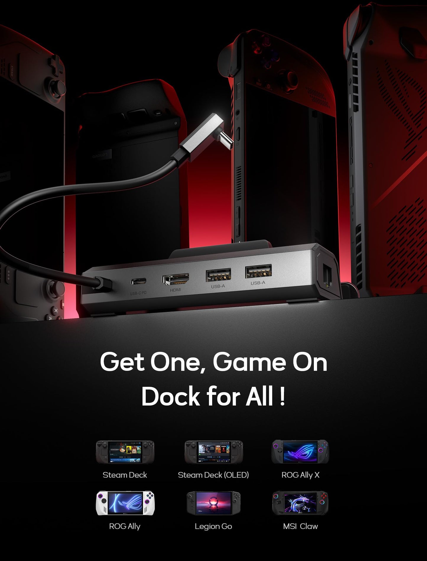 JSAUX Steam Deck Dock 5-in-1 docking station compatible with Valve Steam Deck/OLED/ASUS ROG Ally X/Legion Go S/MSI Claw. Features HDMI 4K@120Hz, two USB 2.0 ports, 100Mbps Ethernet, and 100W PD charging. Model HB0602.