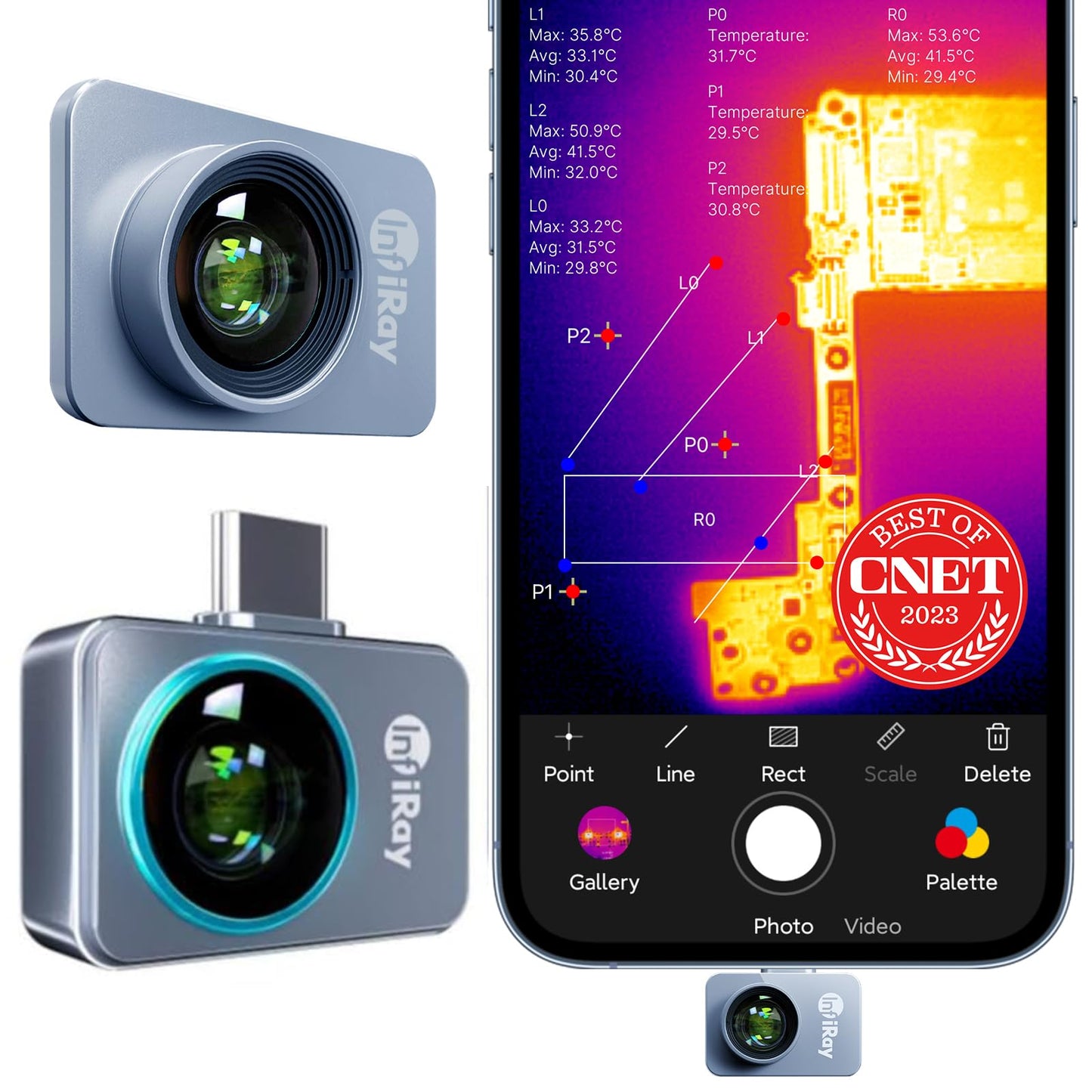 Thermal camera - Android Type-C, InfiRay P2 Pro, magnetic macro lens, 9g all-metal housing, 25Hz, Engineer Pro-class infrared thermal camera for industry, home, circuit board inspection.