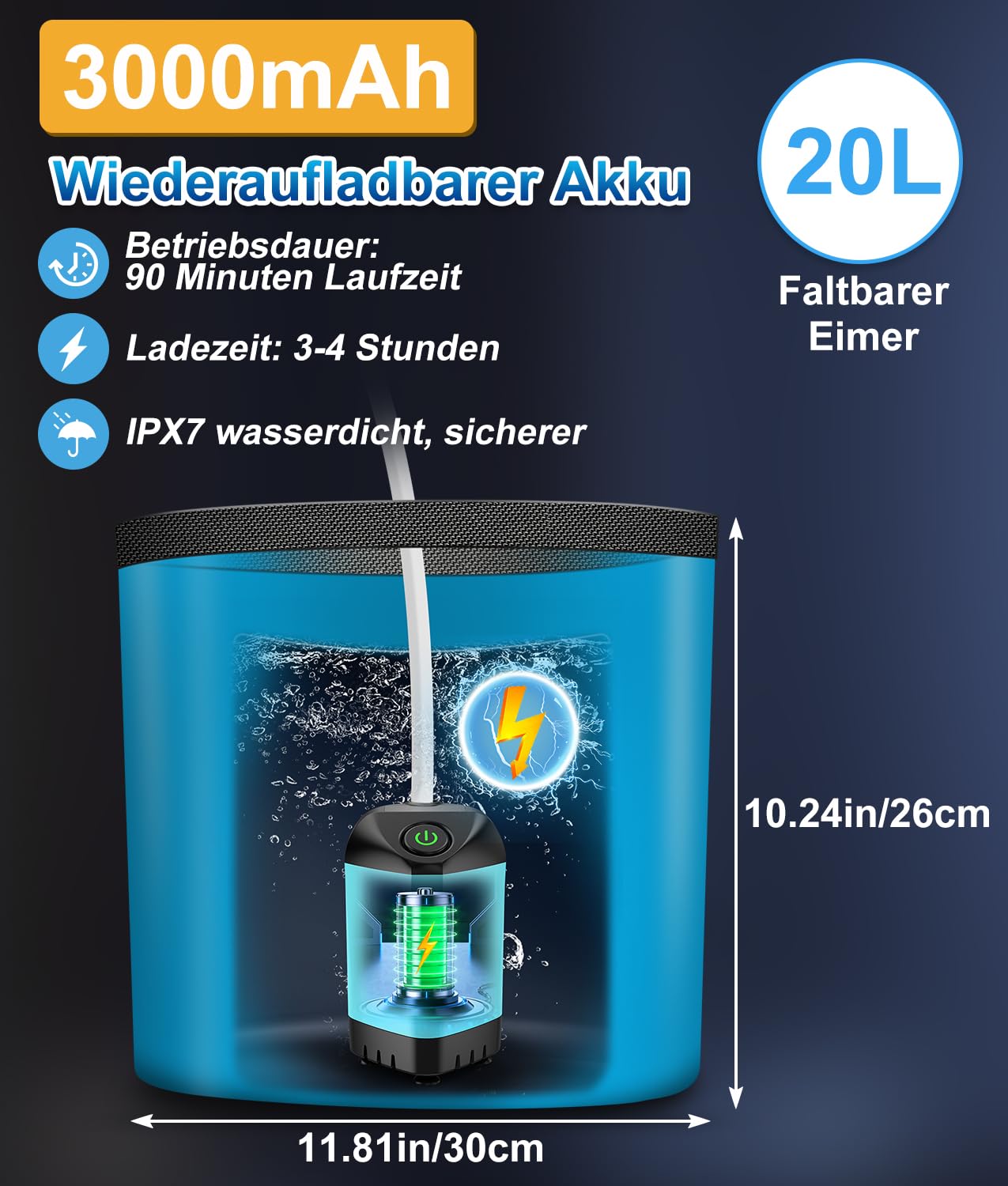 WADEO Portable camping shower battery with pump and shower bucket, outdoor camping shower set with battery, mobile showers outdoor showers with shower head and hose, for camping, traveling, garden, hiking, car washing