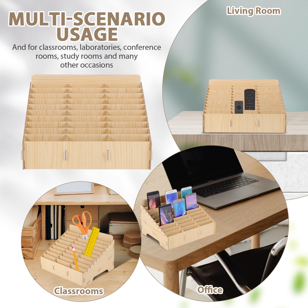 Gogogmee 30 compartment mobile phone storage wooden box organizer for desk cable management and display rack for office and school.