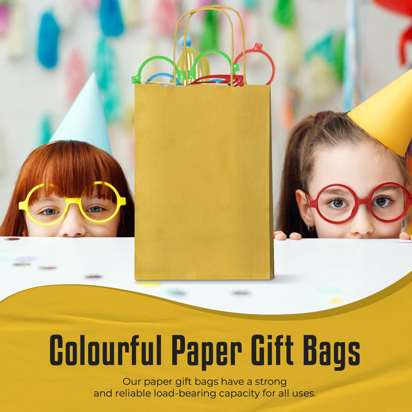 Thepaperbagstore 30 Gold paper party bags with handles – 18x22x8 cm – Colorful paper gift bags for children, parties, birthdays, weddings, confectionery and retail stores.