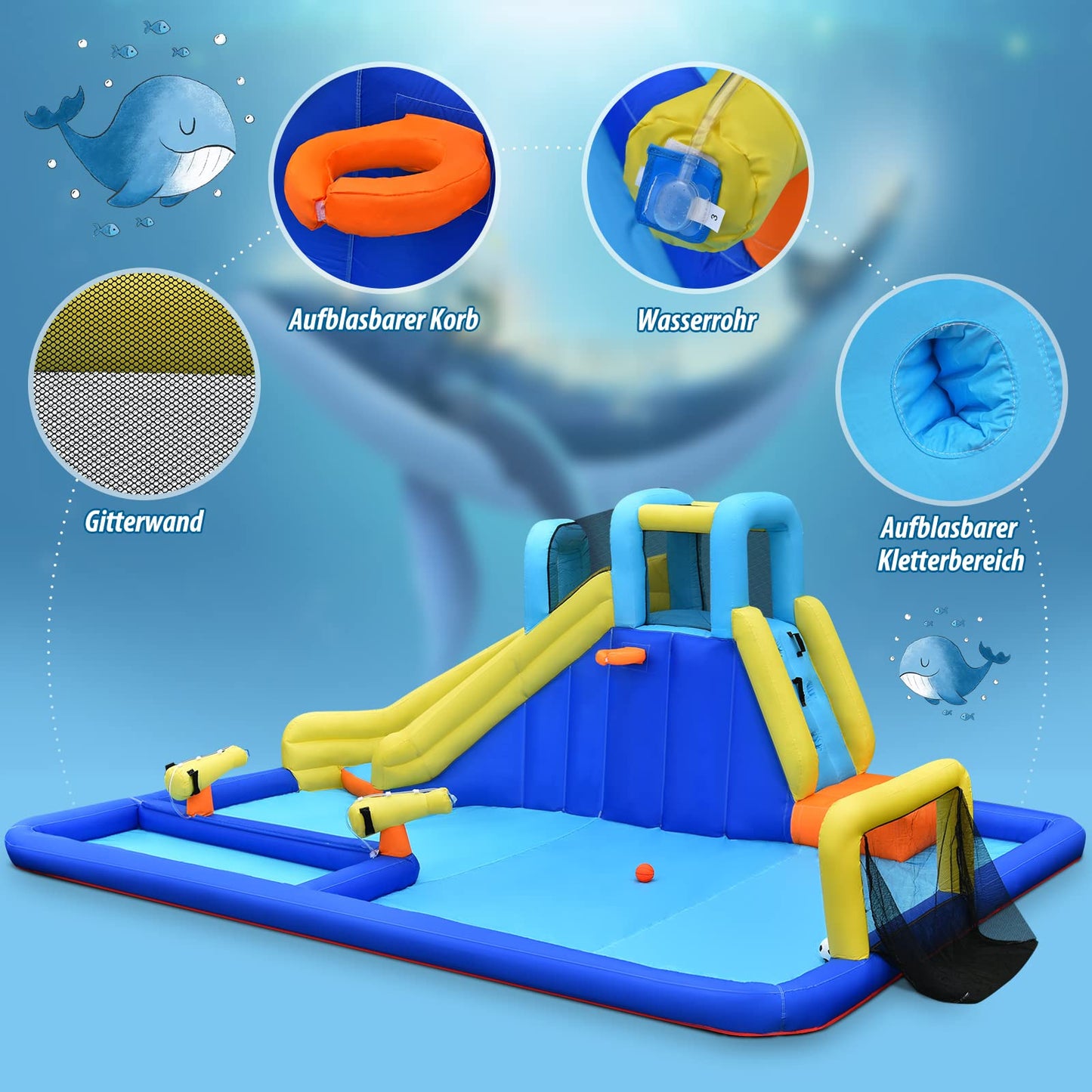 GOPLUS Inflatable Bounce House, Water Park with Slide & Climbing Wall & Water Gun & Soccer Goal, Kiddie Pool for Children 3-12 Years, Includes Carrying Bag, Repair Kit, 526x373x203cm (Excluding Blower)