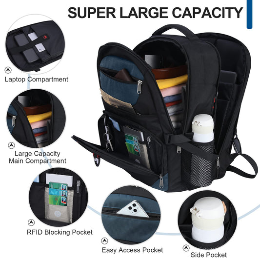 IGOLUMON backpack for men work large laptop backpack 17 inch with USB charging port waterproof school backpack boys teenagers multifunctional business notebook backpack women Blue