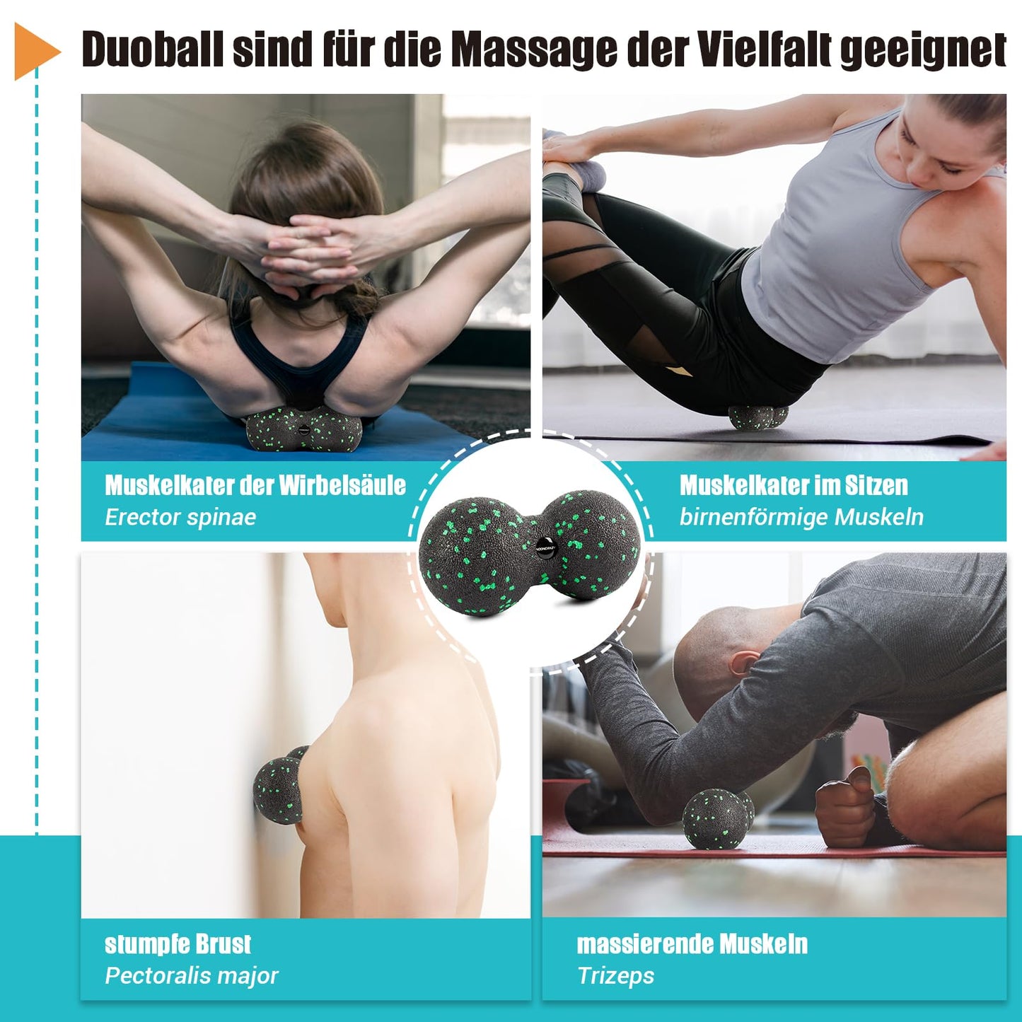 Fascia roller set, set with 3D texture massage fascia roller, mini fascia roller, fascia ball, and duo ball. Fascia set for training muscles, connective tissue, and metabolism, with training posters.
