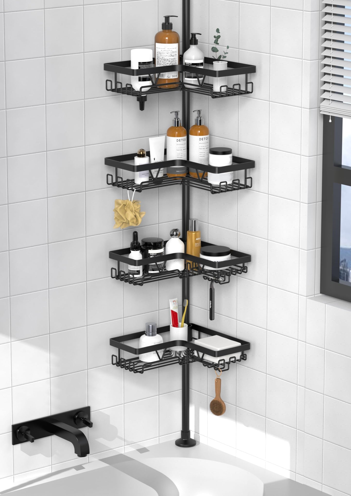 Kegii Telescopic Shower Shelf Telescopic Shelf Bathroom Shower Caddy Corner Shelf for Shower and Bathtub Black, 4 Pieces - Telescopic Bathroom Organizer