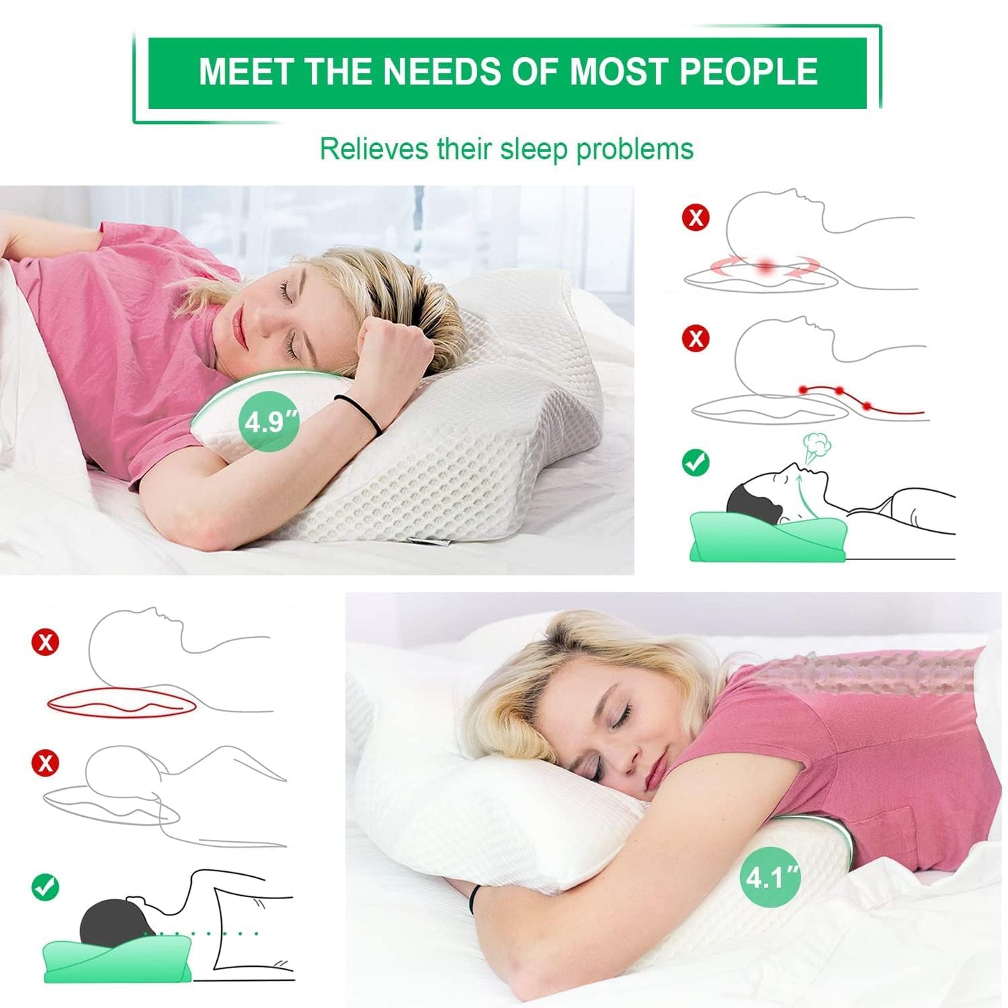 Elviros Orthopedic Memory Foam Pillow, Side Sleeper Pillow Neck Support, Head Pillow Neck Pain, Ergonomic Sleep Pillow for Neck and Shoulder Pain, 64 x 12.5/10.5 x 38cm