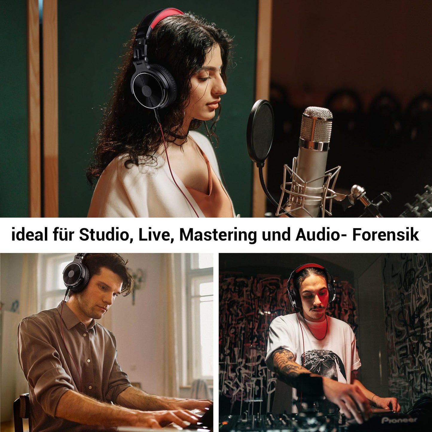 OneOdio over-ear headphones with cable, 50mm drivers, bass sound, 6.35 & 3.5mm jacks, share port, closed-back DJ headphones for studio, podcast, monitoring, phone, PC, MP3/4 (Pro-10 Red)