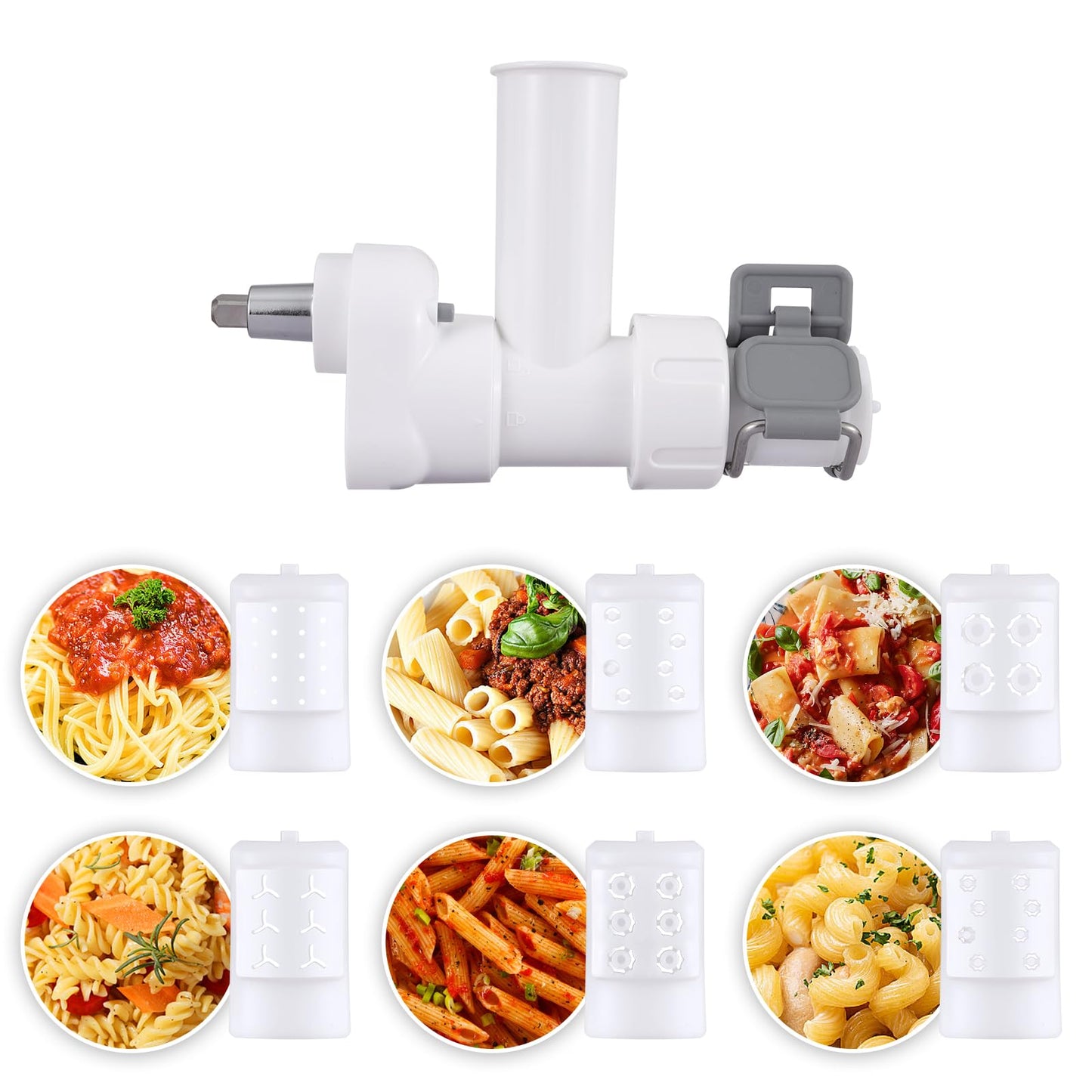 Pasta Maker Attachment for KitchenAid Stand Mixer, 6 different shapes of pasta output, durable pasta press attachments and cleaning brush, White.