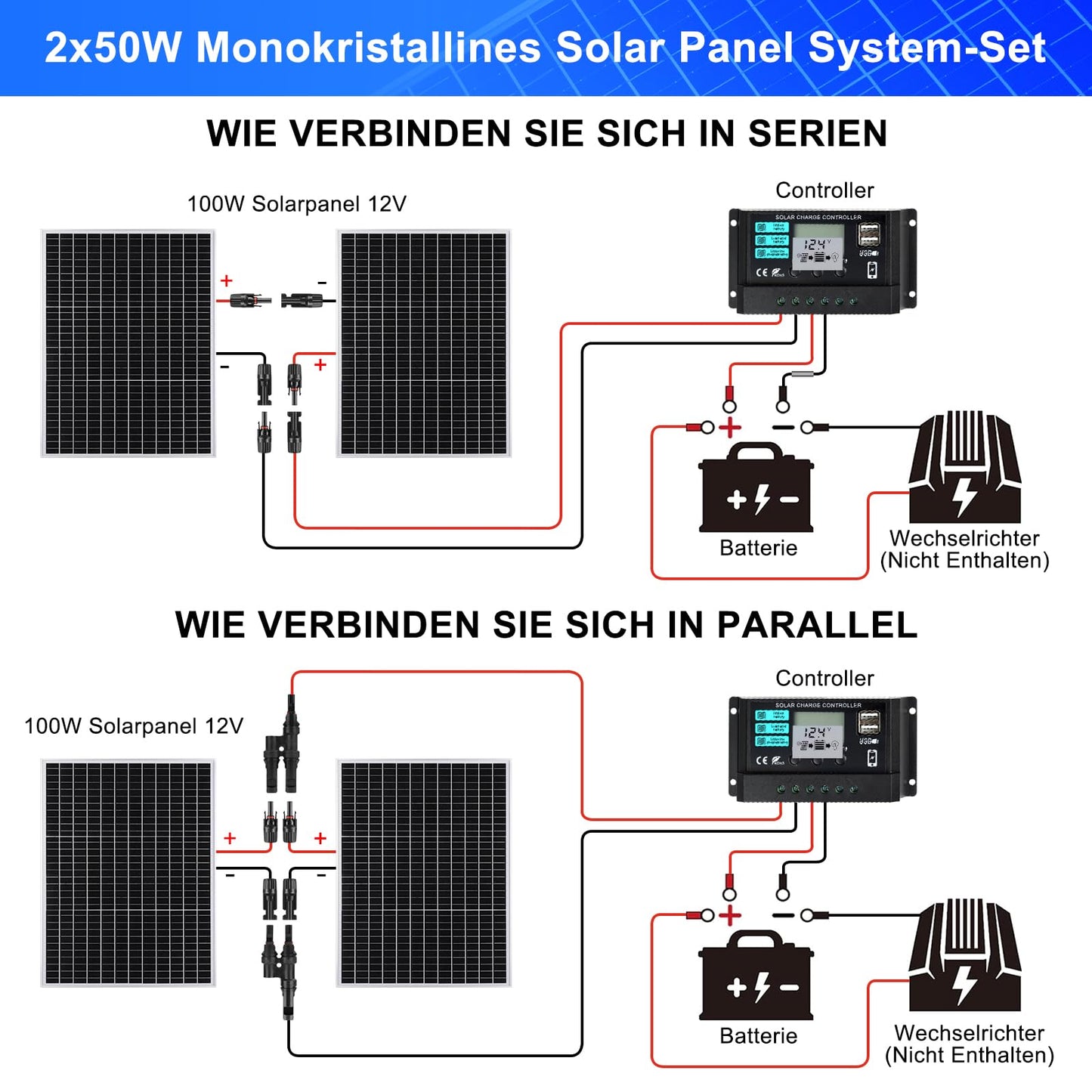 100W Solar Panel 12V Kit: DERUXI 100W Solar Panel 12V Kit includes 2pcs 50W monocrystalline solar panels, 10A solar charge controller, and 4pcs extension cables. Perfect for RVs, campers, and boats.