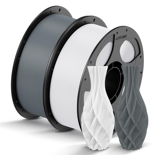ANYCUBIC Refill PLA and Spool Kit 2KG, 1.75mm filament 3D printing materials with high flowability, neatly wound, intelligent identification, white texture gray.
