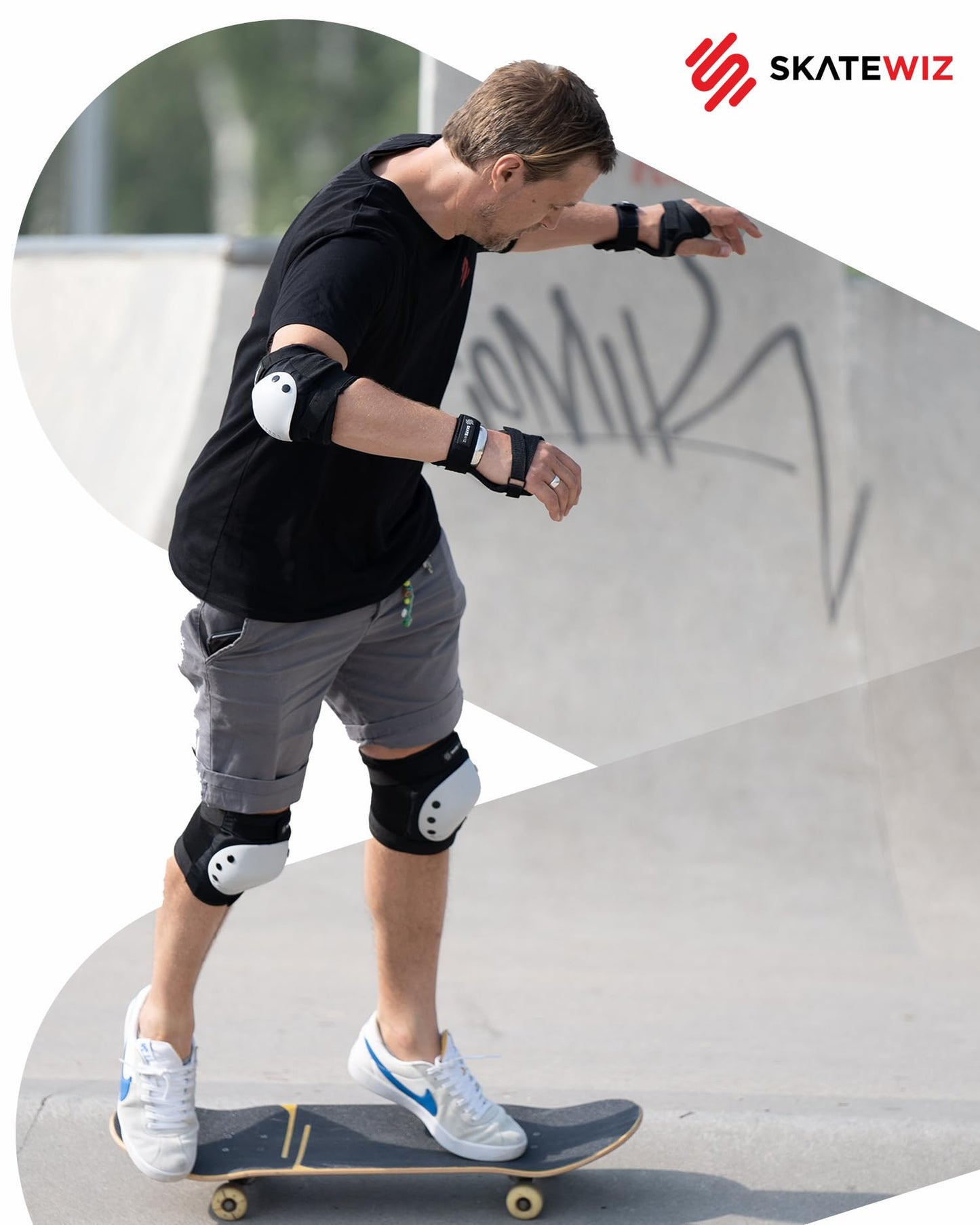 SKATEWIZ Kids Protectors - Kids Knee Pads - Inline Skating Knee Guards - Inline Skating Guards - Knee and Elbow Guards - SMASH Size S Black White
