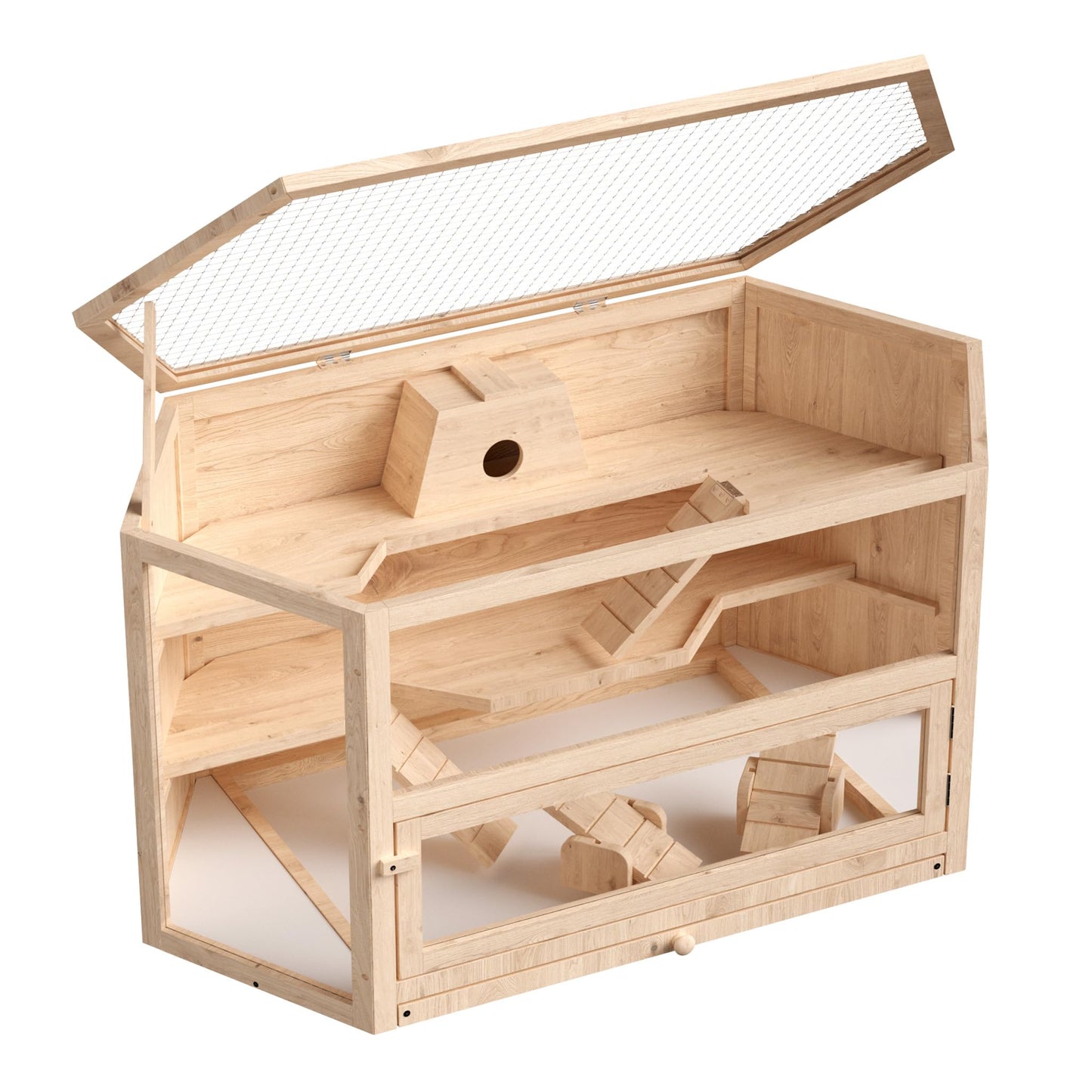 Wiltec XXL 3 level rodent cage, hexagonal, 1150 x 600 x 580 mm, made of wood, with foldable lid & viewing window, small animal house mouse cage hamster cage
