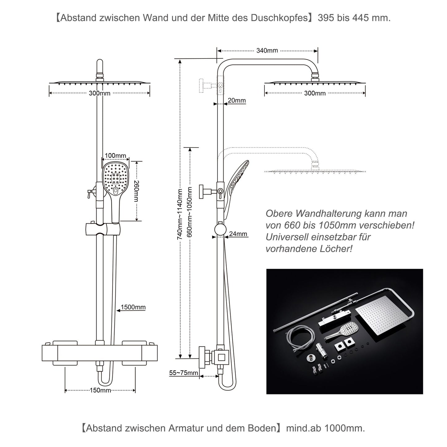 JOHO Thermostat Shower Set Shower System Rain Shower Shower Set Shower Mixer with 304 Stainless Steel Shower Head (Square 30x30cm)
