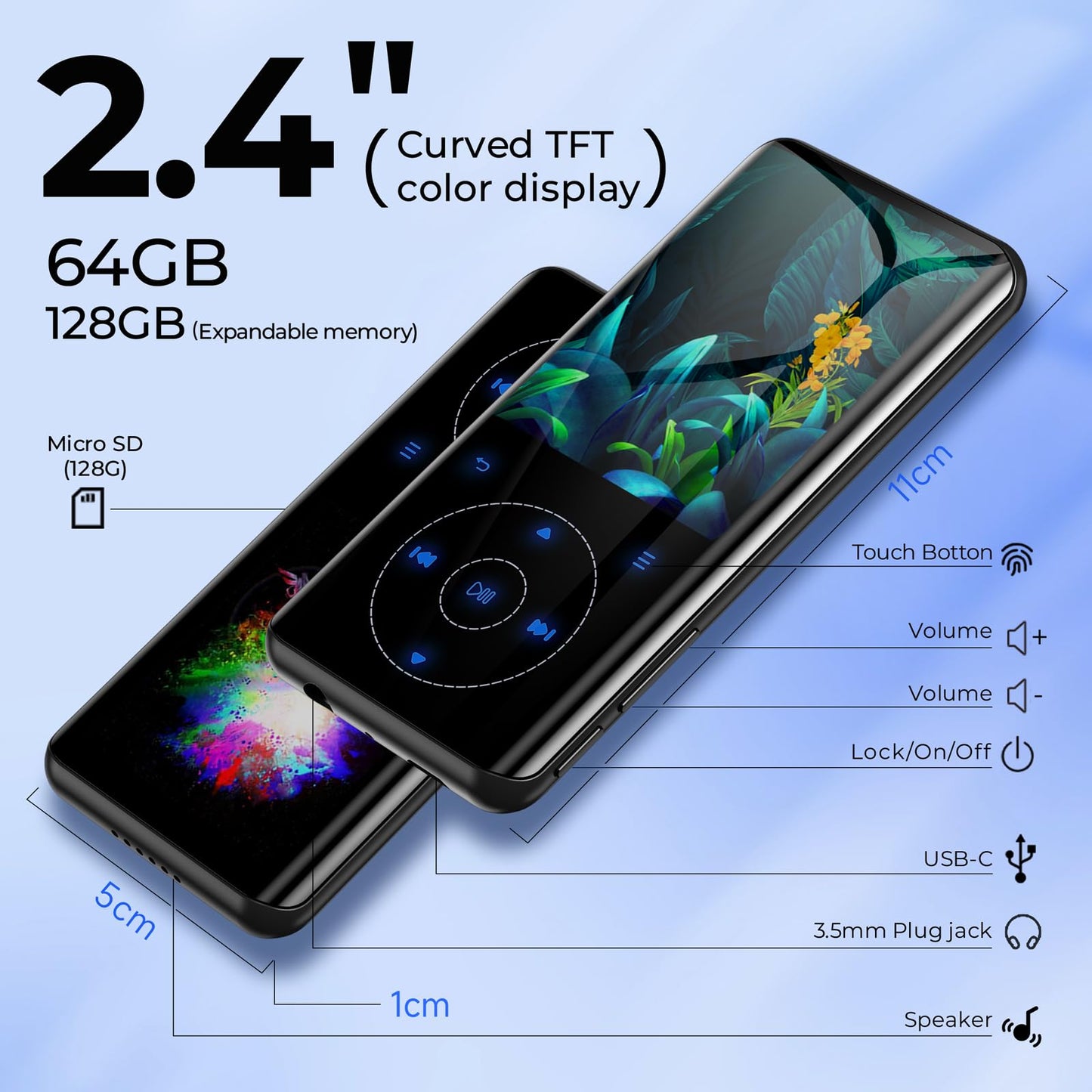 64GB MP3 Player Bluetooth 5.3, HiFi Music Lossless Sound, Metal Housing Built-in HD Speaker, Touch Button, Speaker, Voice Recorder for Sports, Running, expandable up to 128GB (64GB Black)