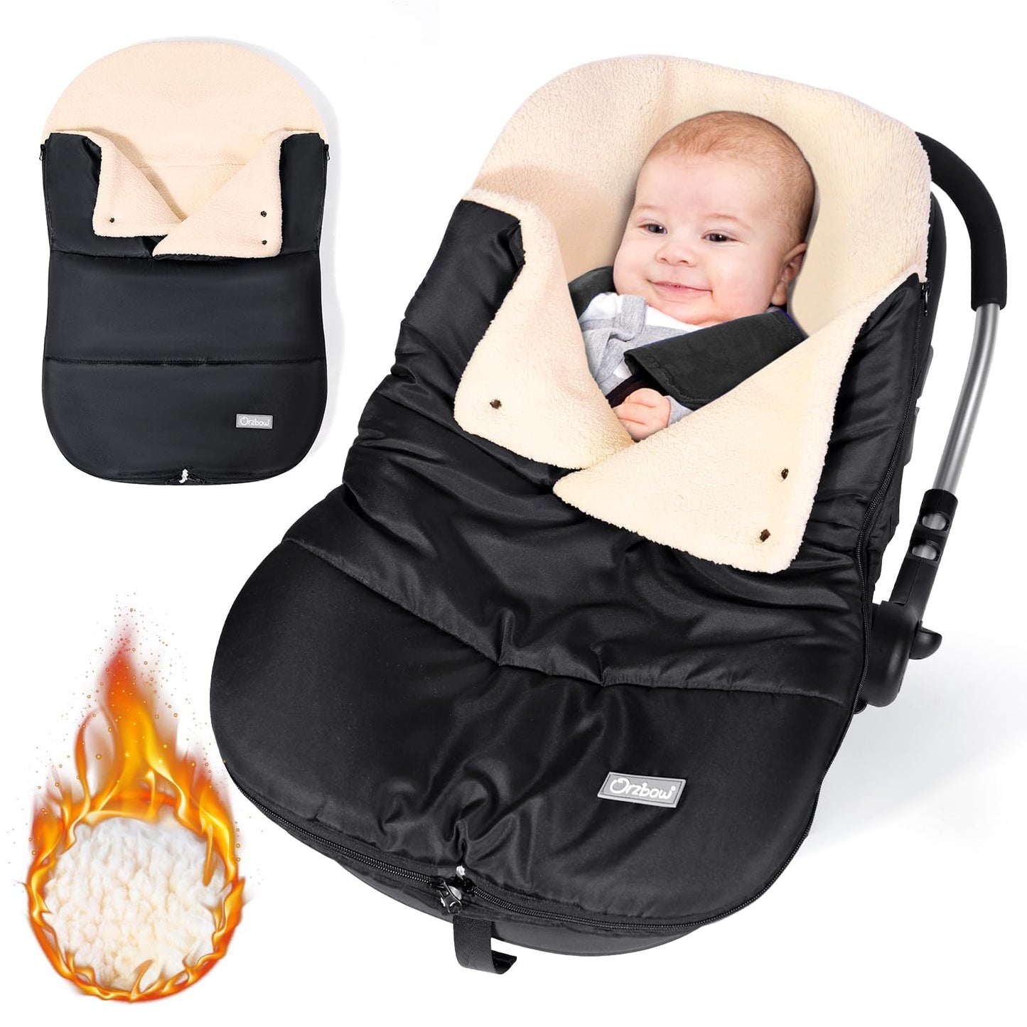 Orzbow Footmuff Infant Car Seat Winter,Universal Wraparound Infant Car Seat Winter Blanket with Adjustable Collar,Warm Berber Fleece Lining,Zipper,Fits Maxi-Cosi,Cybex,Romer, etc. (Black)