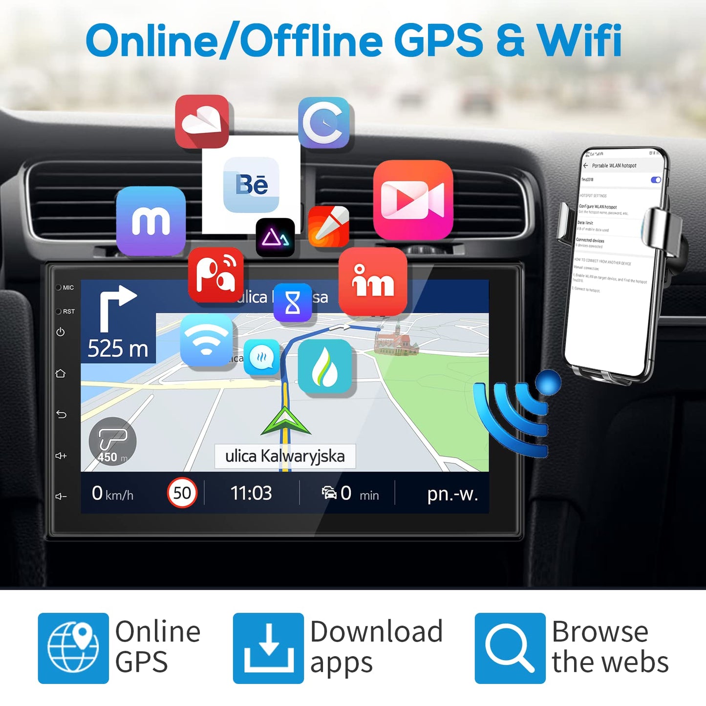 Android double DIN car stereo with Carplay, wireless Android Auto, 7-inch touchscreen, Bluetooth/GPS navigation, FM RDS radio. Car multimedia player with WiFi, USB, and rearview camera.
