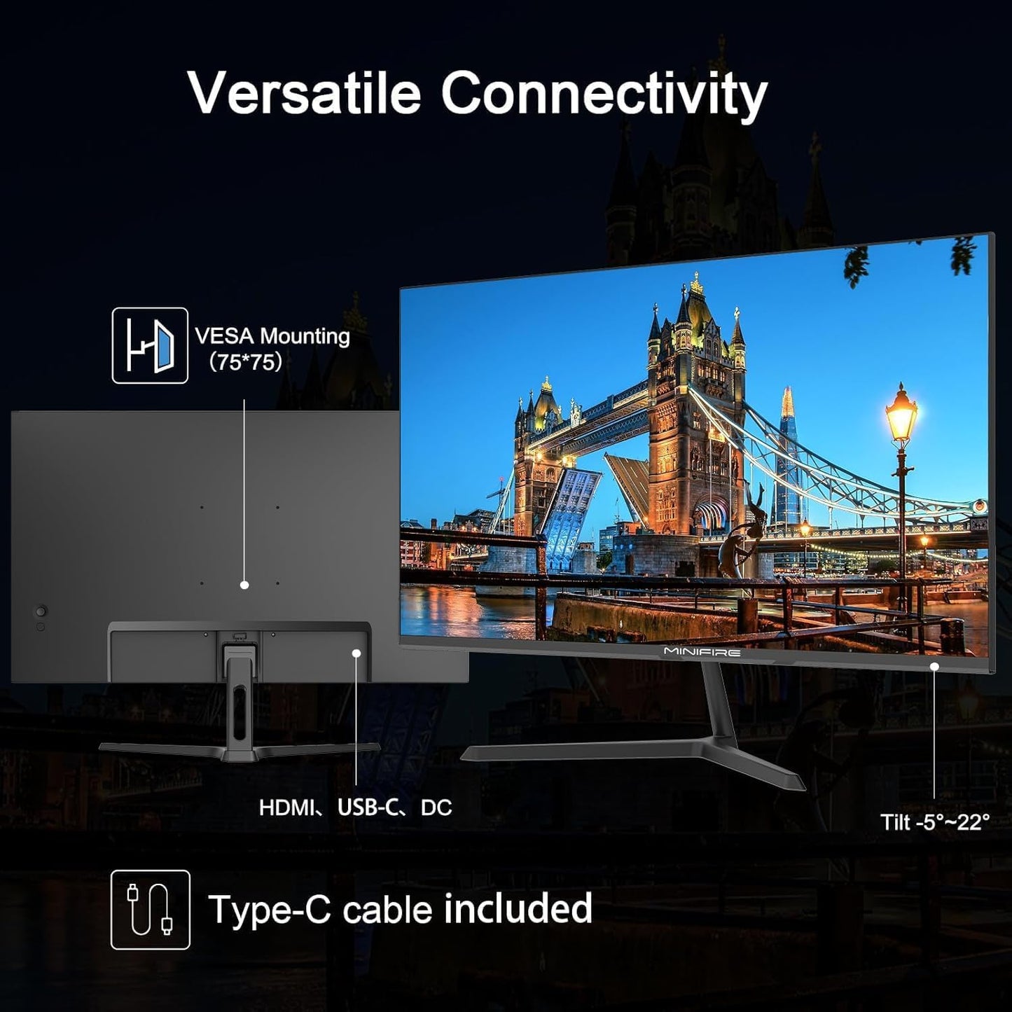 Minifire 24 inch monitor, 100Hz, Full HD (1980x1080p), 5ms (OD), Adaptive-Sync, sRGB110%, Eye-Care, VESA, PC screen with HDMI USB-C ports - MF24X3AL