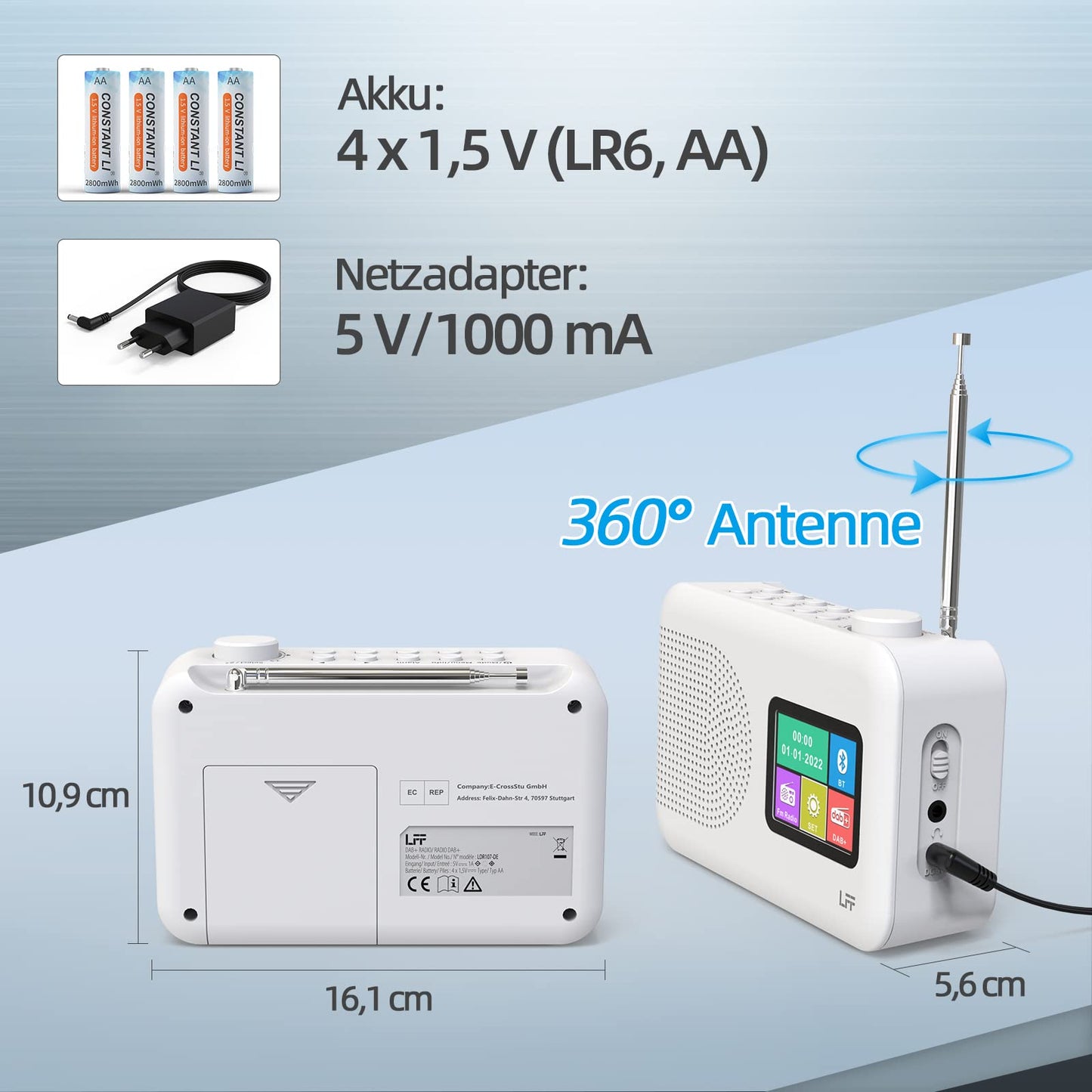 LFF DAB radio, DAB Plus radio, FM digital radio, kitchen radio with cable or battery operation, color display radio with Bluetooth.