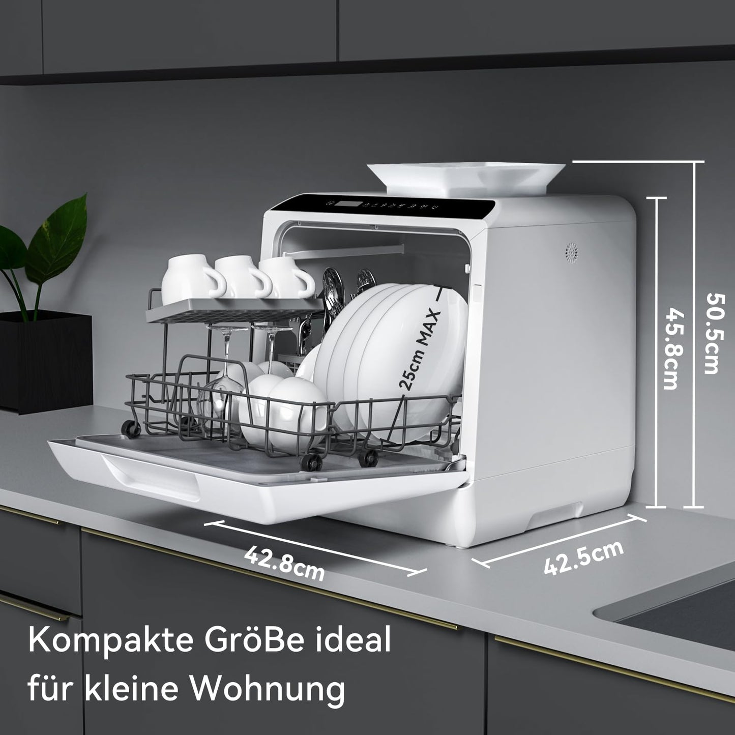 Hermitlux table dishwasher, mini dishwasher can be used with or without water connection, 43 cm wide, space for 4 place settings, suitable for camping, 175 kWh/year, white