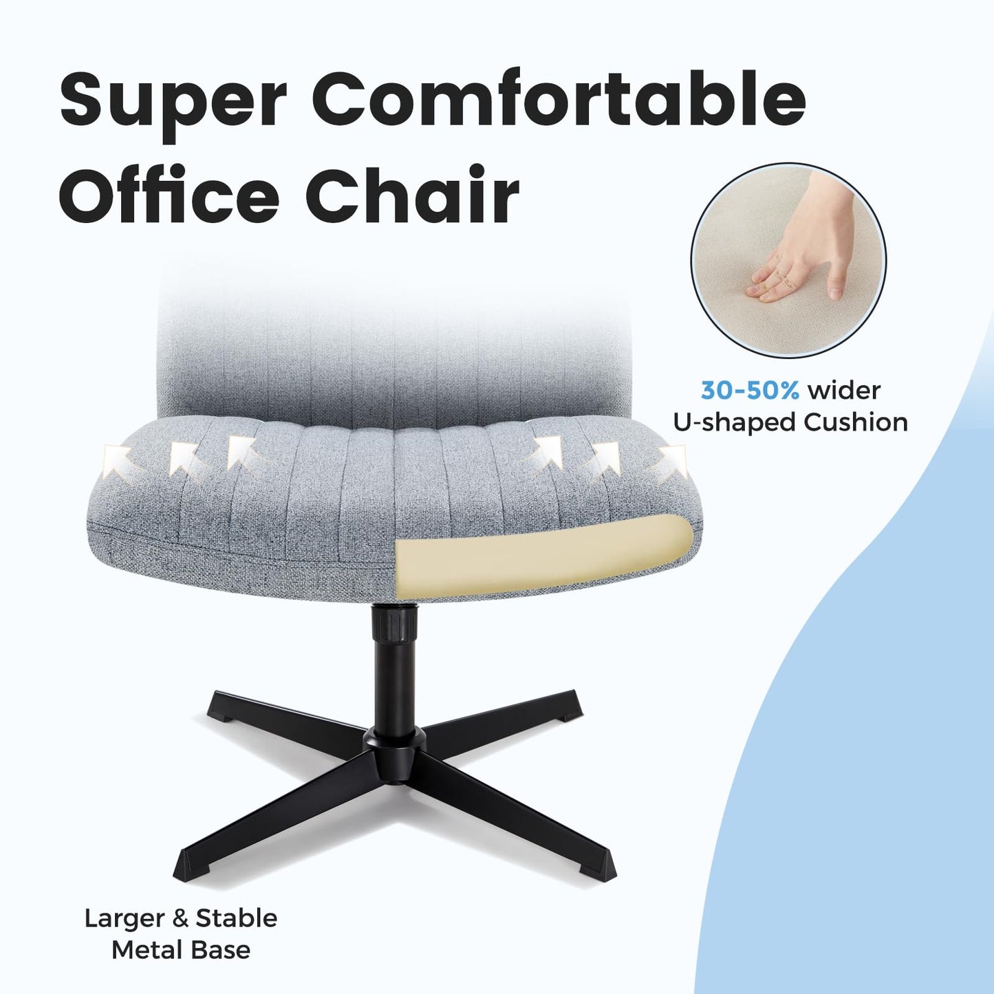 IWMH office chair without armrests, wide and thick swivel chair with wheels, height adjustable desk chair with corduroy, ergonomic chair, reading chair for sitting cross-legged (Gray)