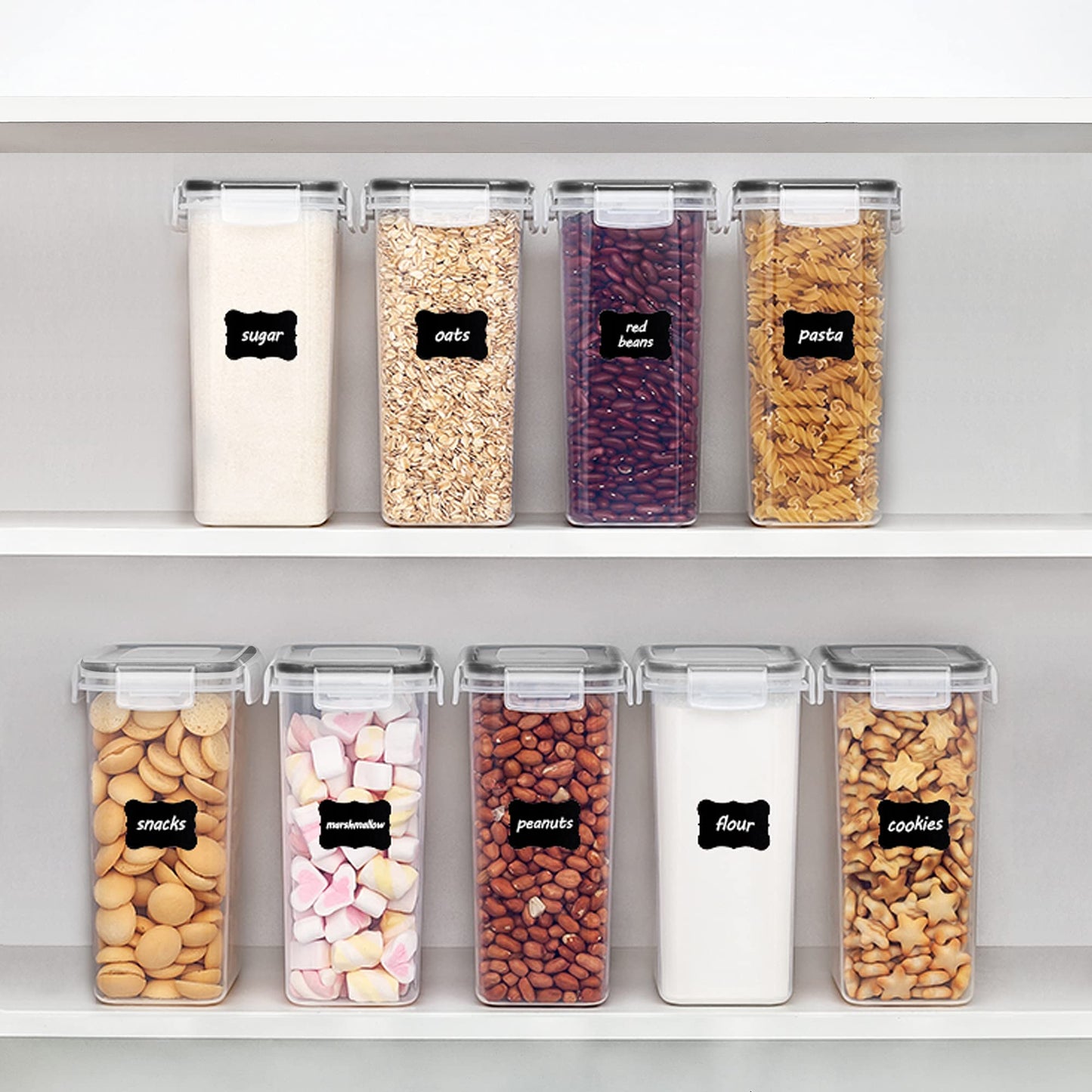Vtopmart 2L Storage Container Set, Cereal Dispenser & Food Storage Containers, BPA free plastic, airtight, dry food storage container, set of 9, 24 labels for grains, flour, sugar, etc. (Black)