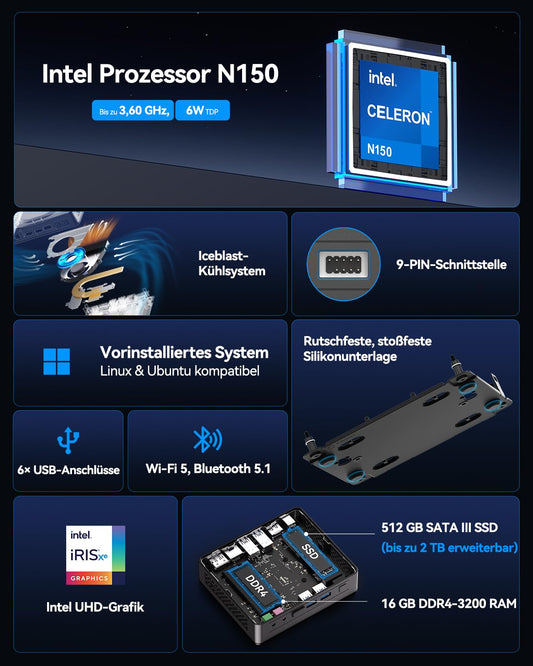 GEEKOM Mini PC Air12 Lite with Intel N150 (upgrade from N100), 16GB RAM + 512GB SSD Mini Desktop Computer W-11 Ready for Use | 6×USB & 9-PIN Ports | Dual-Display 4K@60 Hz for Home, Office & School