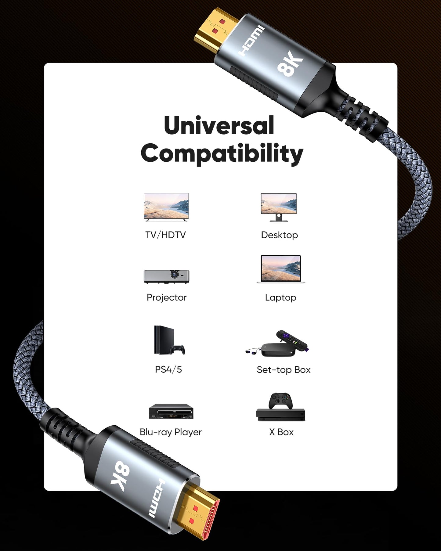 Highwings Fibre Optic HDMI Cable 20M 8K, HDMI 2.1 Cable 48Gbps Ultra Highspeed 8K@60Hz 4K@120Hz 7680P HDR10 eARC DTS:X 3D HDCP 2.2&2.3, Compatible with PS5/4/3 HDTV Blu-ray Player Monitor