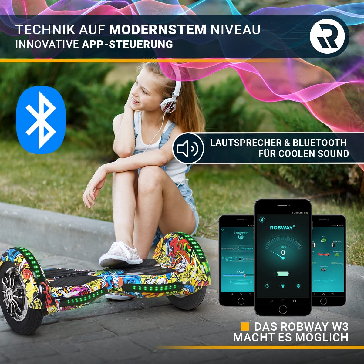 Robway W3 Hoverboard | ORIGINAL ® Hoverboards for kids, teenagers & adults - APP control - 2 x 400 Watt motors - Self-balance - Bluetooth (Dark Blue)