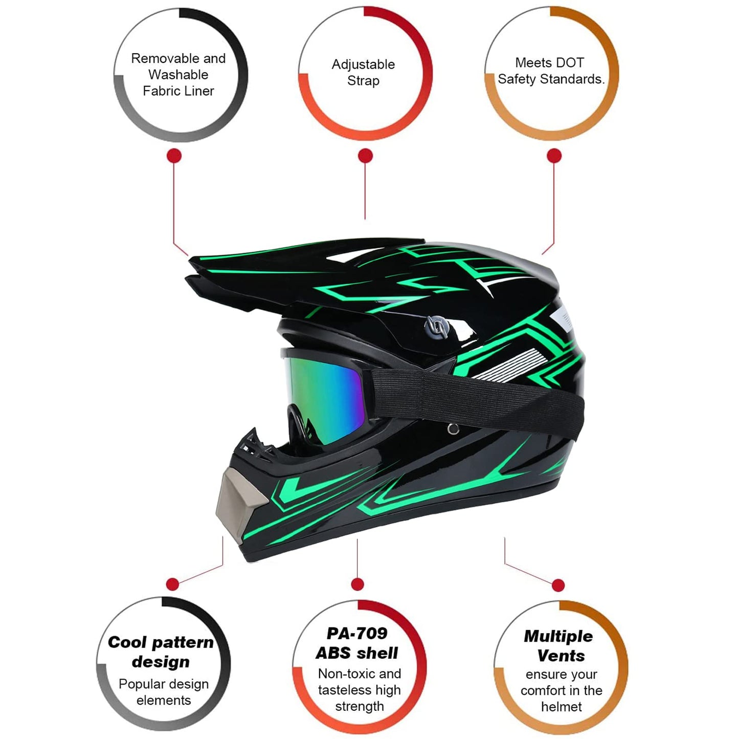 UIGJIOG Downhill Motorcycle Helmet Kids, Helmet Set Men ATV Motorcycle Helmet D.O.T Certified Helmet With Goggles Gloves, Full Face Helmet MTB Including 4 Sizes Helmet Liner, B
