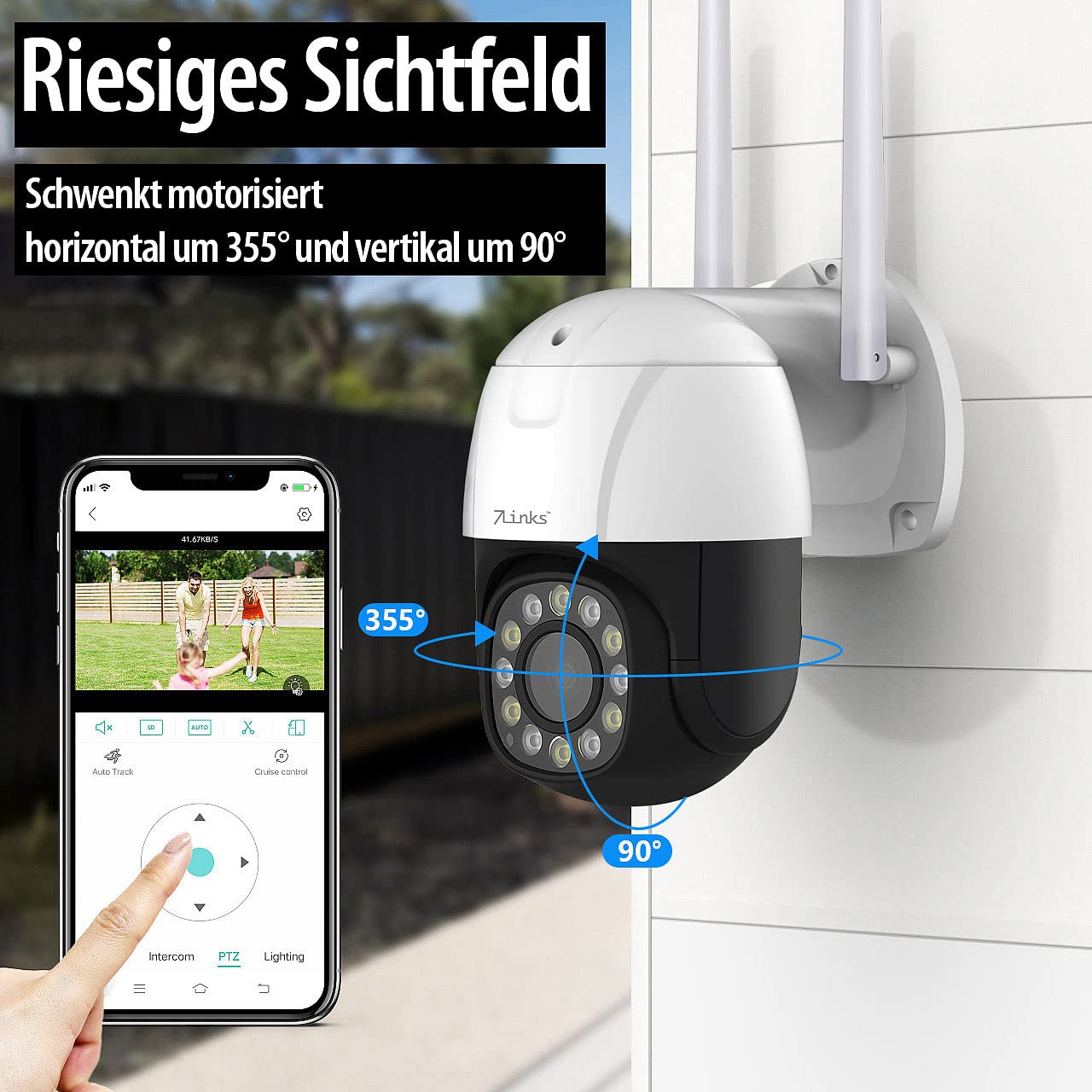 7links dome camera: PTZ IP surveillance camera, 2K+, 5X optical zoom, IR, WiFi, 64GB, app (LAN camera, outdoor WiFi camera, wireless motion detector)