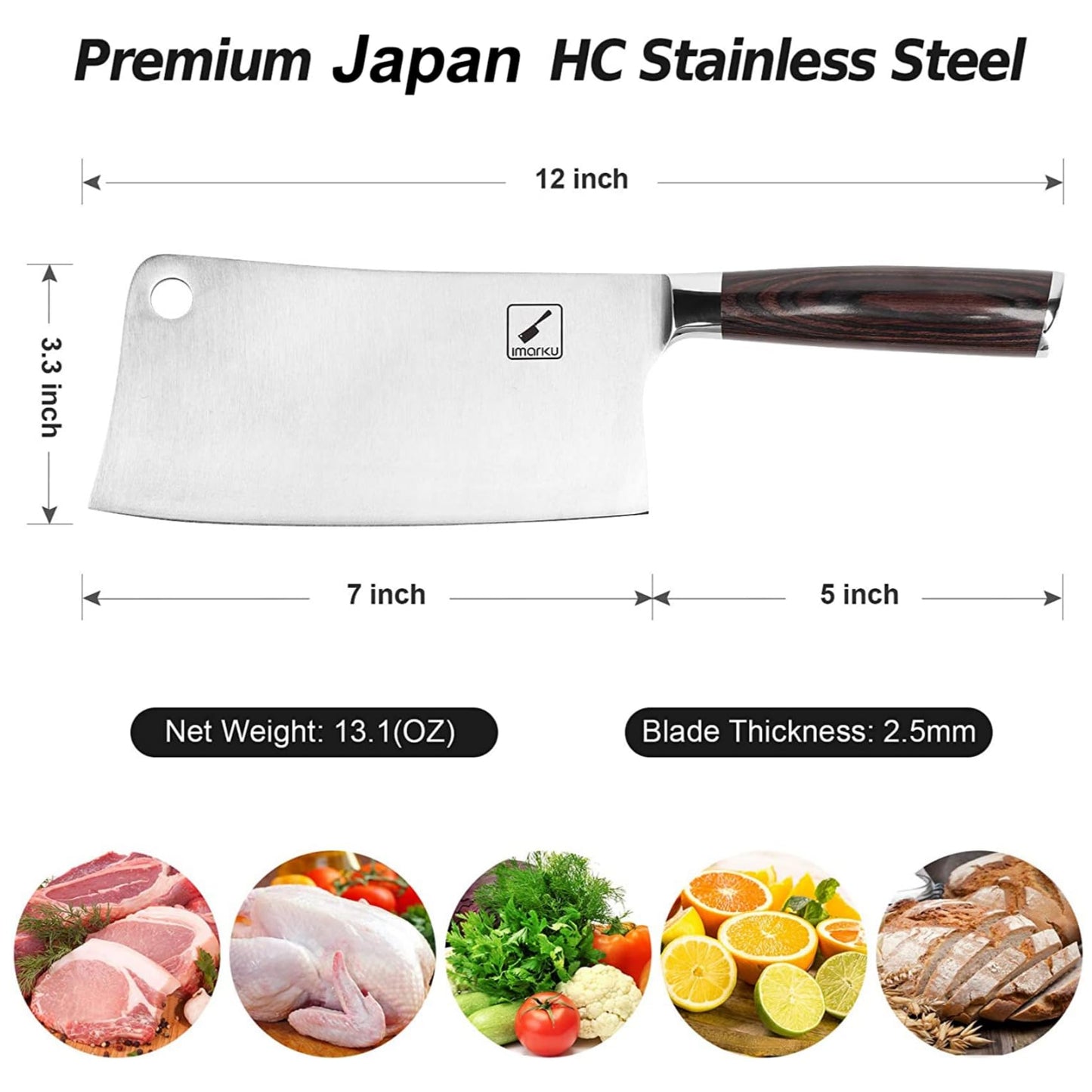 imarku 7" Cleaver Knife, with a 7-inch blade length. Sharp Chinese chef's knife made of high-quality stainless steel. Ideal for chopping bones with an ergonomic Pakkawood handle.