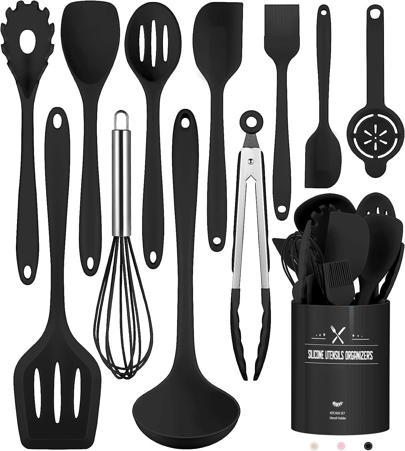 Kitchen helper set, 12-piece silicone cooking utensils set, heat resistant cookware with utensil holder, non-stick cooking set kitchen utensils, dishwasher safe - Black